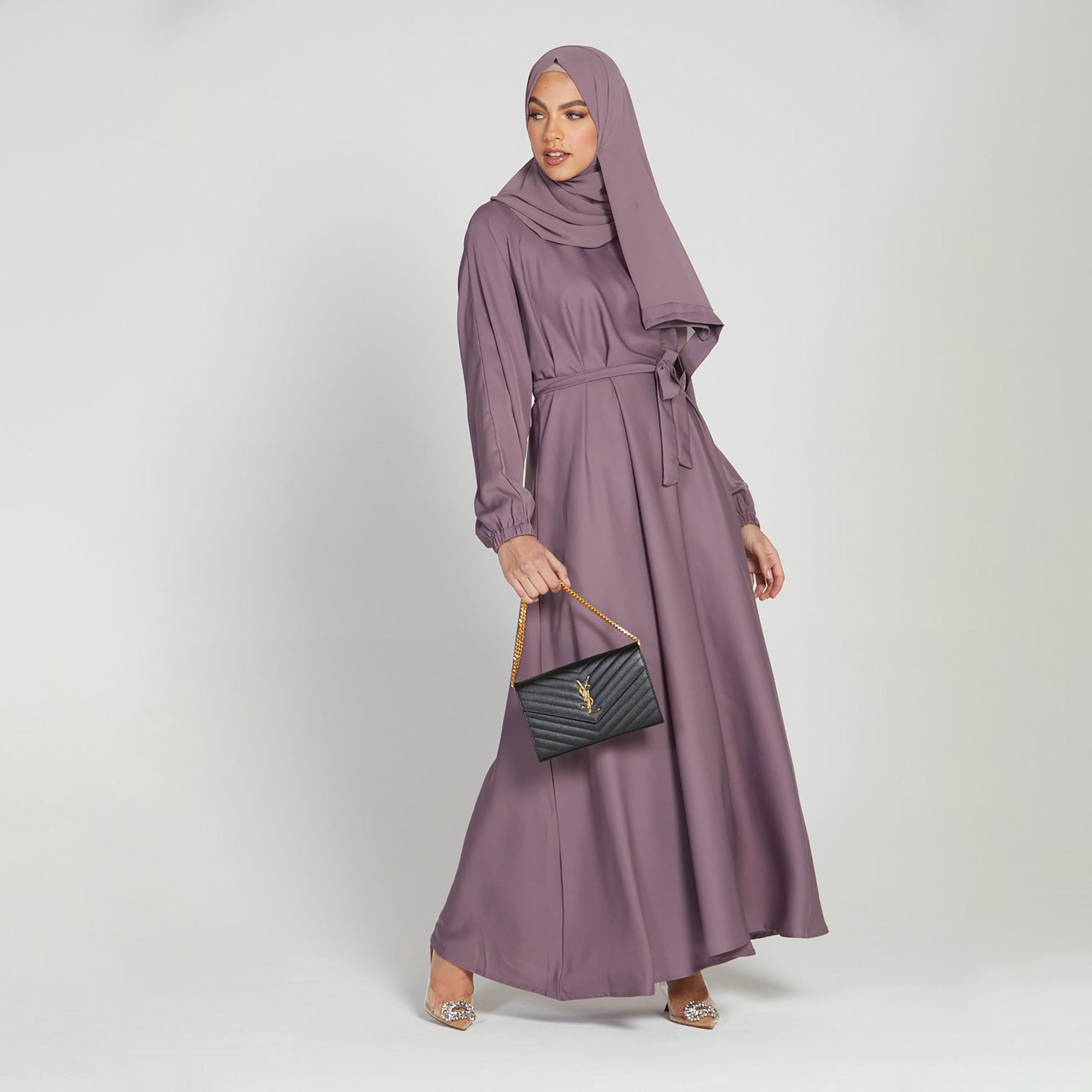 Nukhbaa Purple Nida Tie-Up Belted Abaya with Hijab-women-arabicclothing-abayas-image-3