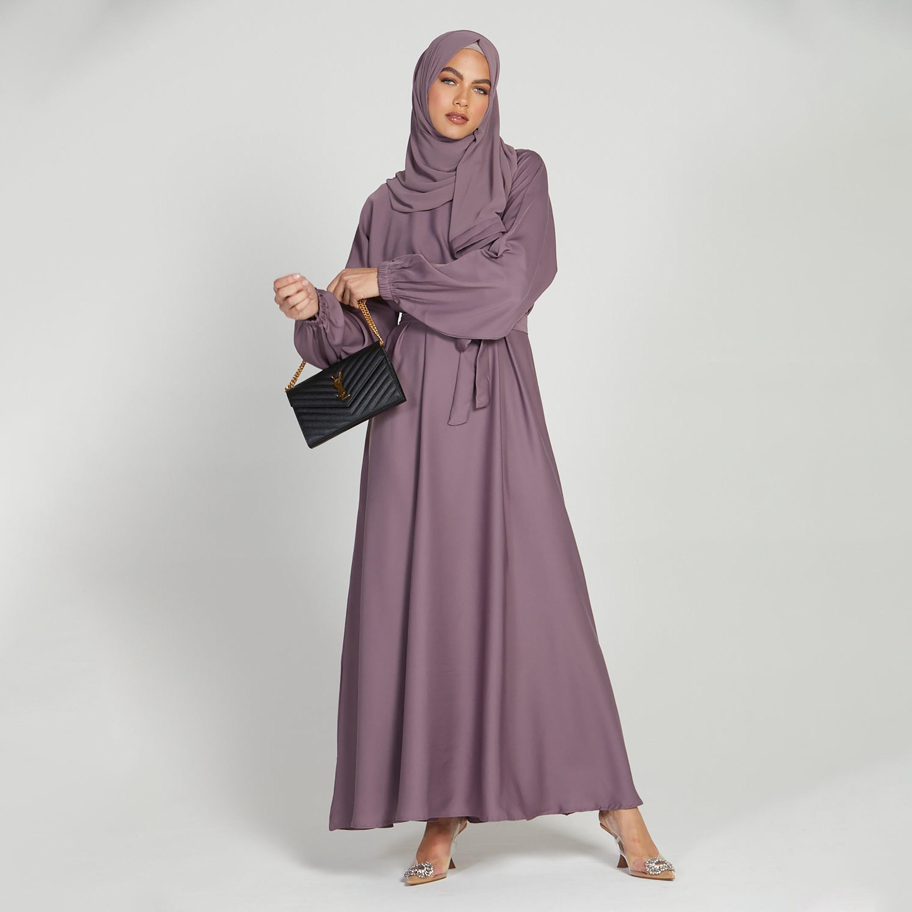 Nukhbaa Purple Nida Tie-Up Belted Abaya with Hijab-women-arabicclothing-abayas-image-4