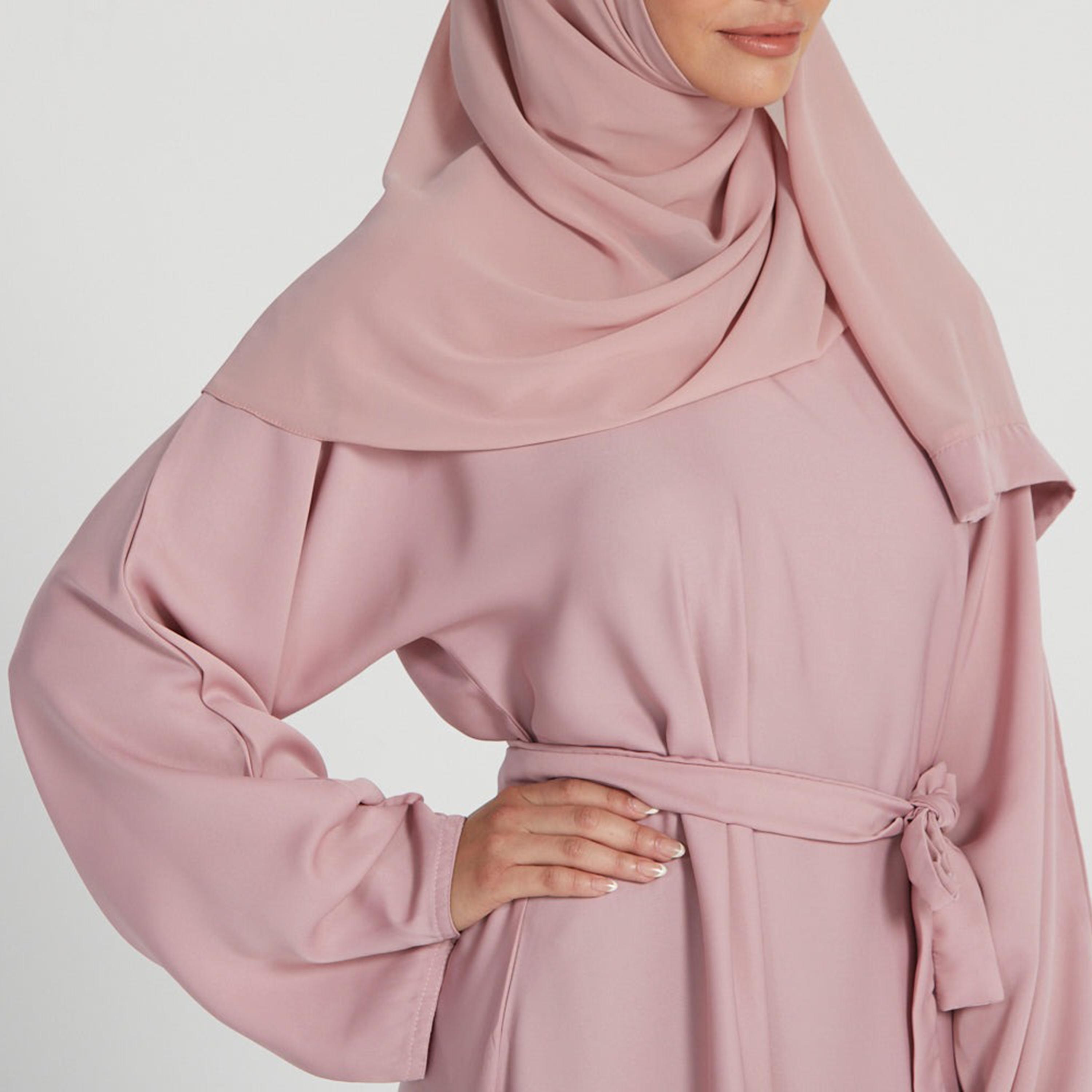 Nukhbaa Pink Nida Tie-Up Belted Abaya with Hijab-women-arabicclothing-abayas-image-2