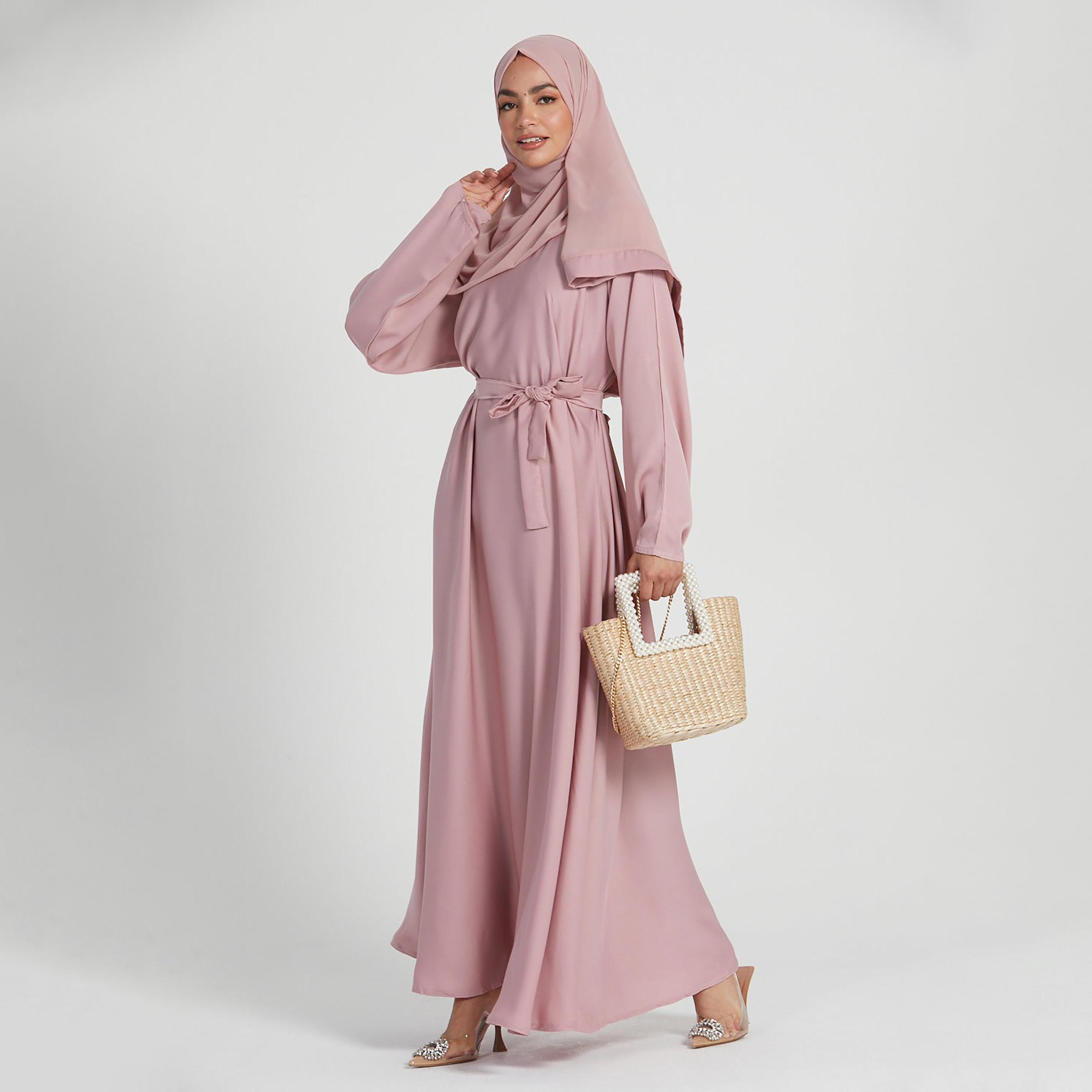Nukhbaa Pink Nida Tie-Up Belted Abaya with Hijab-women-arabicclothing-abayas-image-3