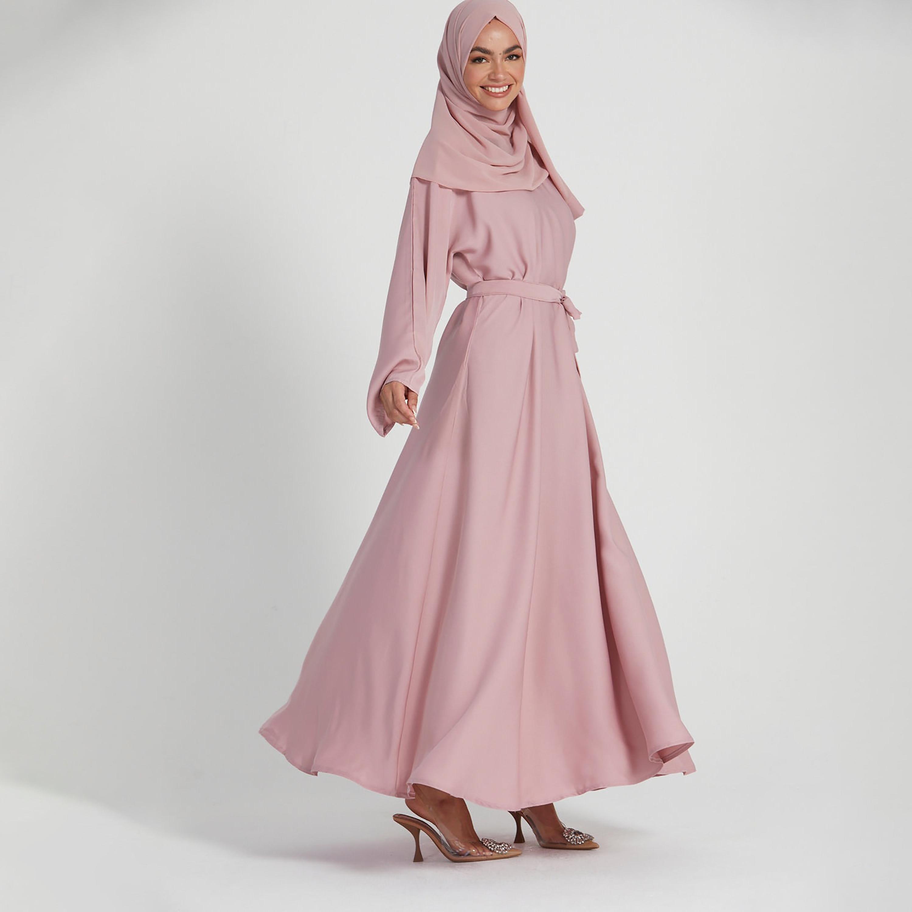 Nukhbaa Pink Nida Tie-Up Belted Abaya with Hijab-women-arabicclothing-abayas-image-4