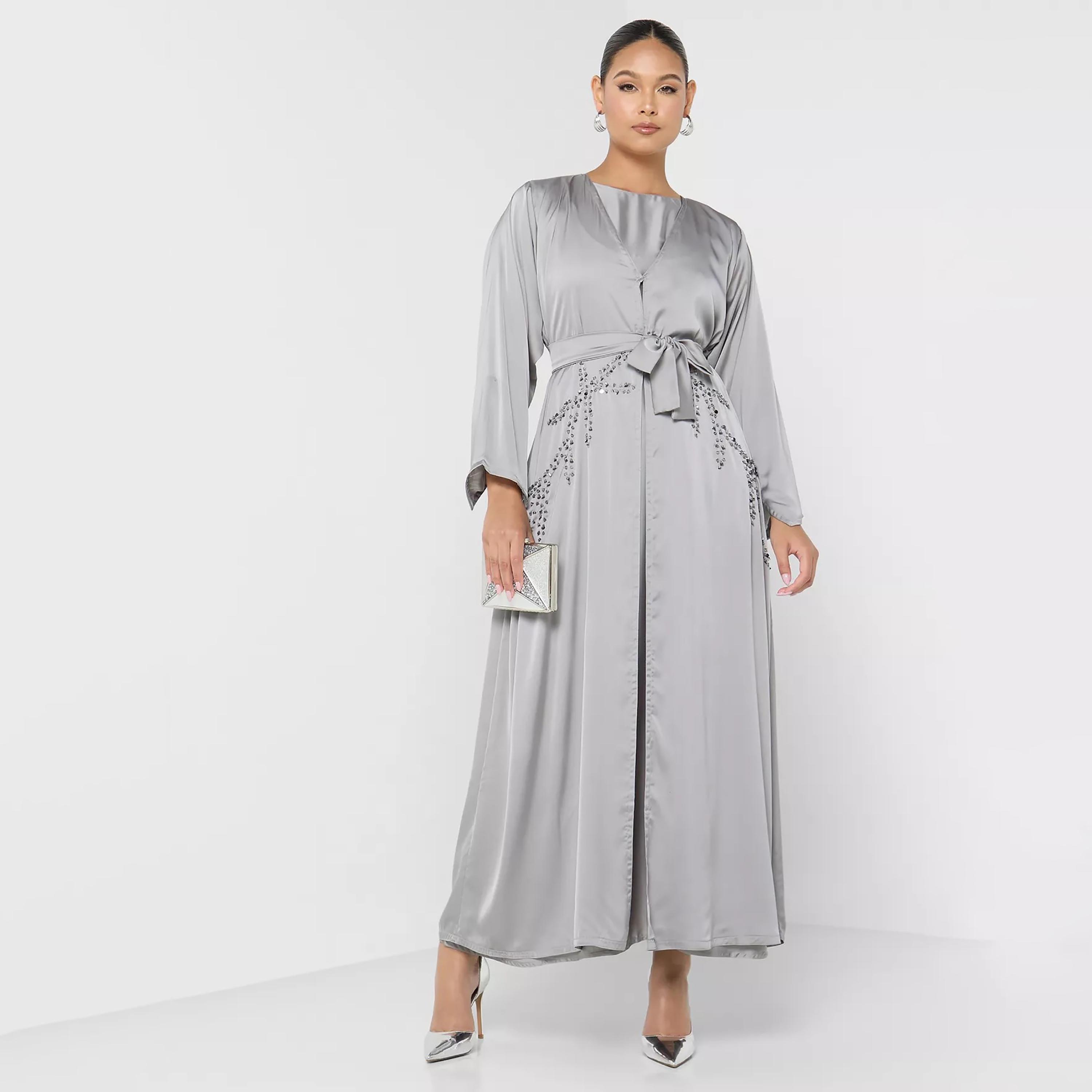 Nukhbaa Crystal Detailed Tie Belt Abaya with Inner Dress and Hijab-women-arabicclothing-abayas-image-1