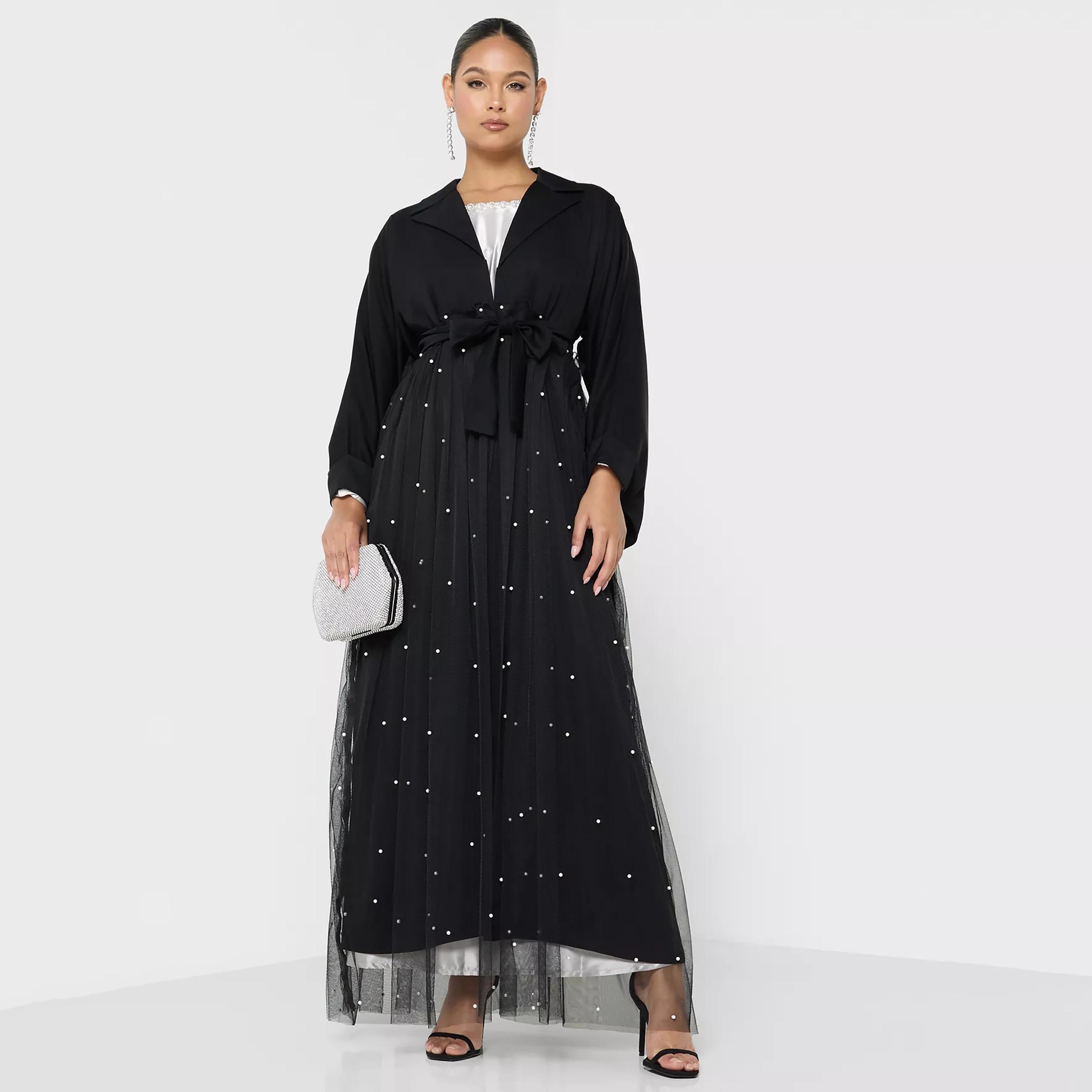 Nukhbaa Pearl Detail Front Tie-Up Belted Abaya with Hijab-women-arabicclothing-abayas-image-1