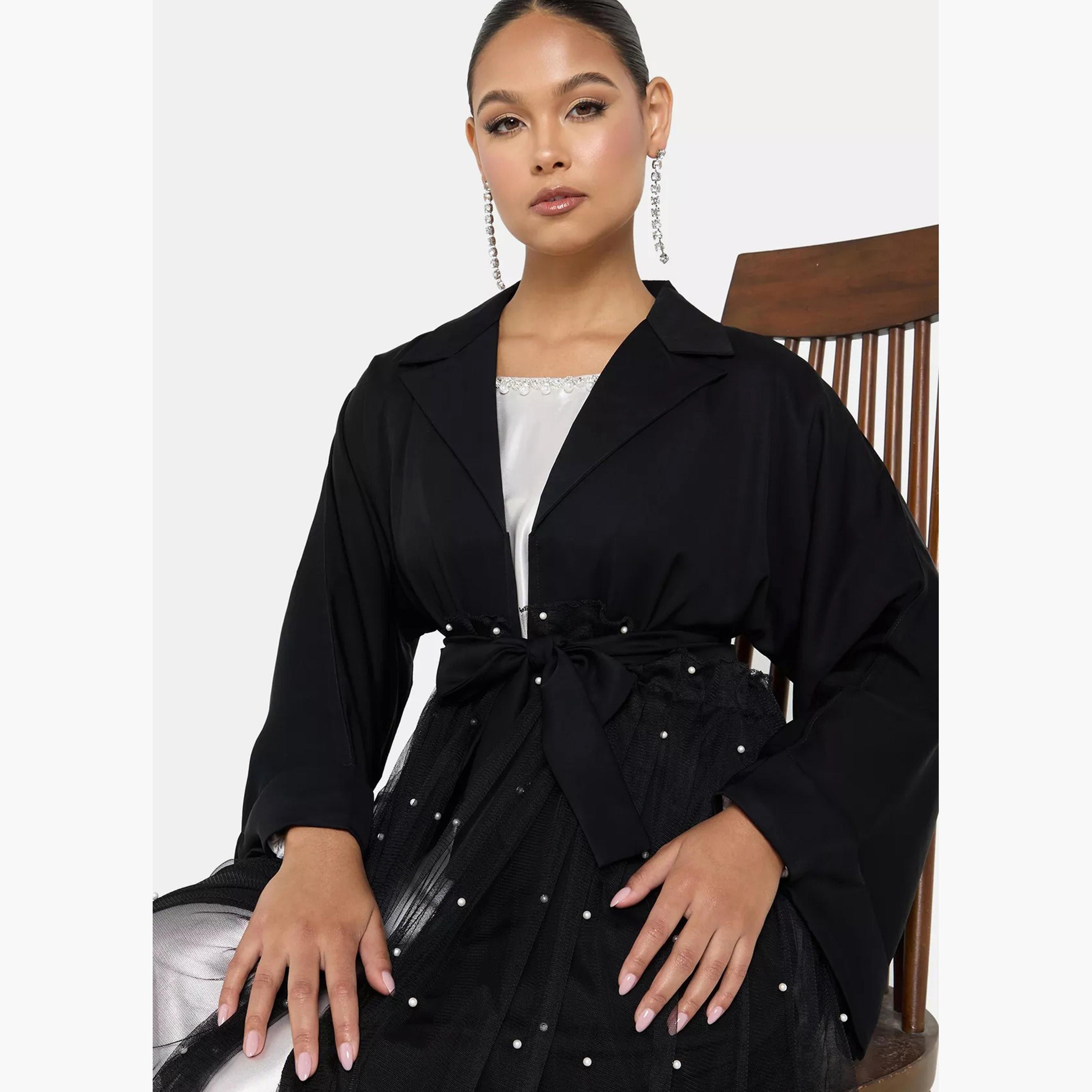 Nukhbaa Pearl Detail Front Tie-Up Belted Abaya with Hijab-women-arabicclothing-abayas-image-2