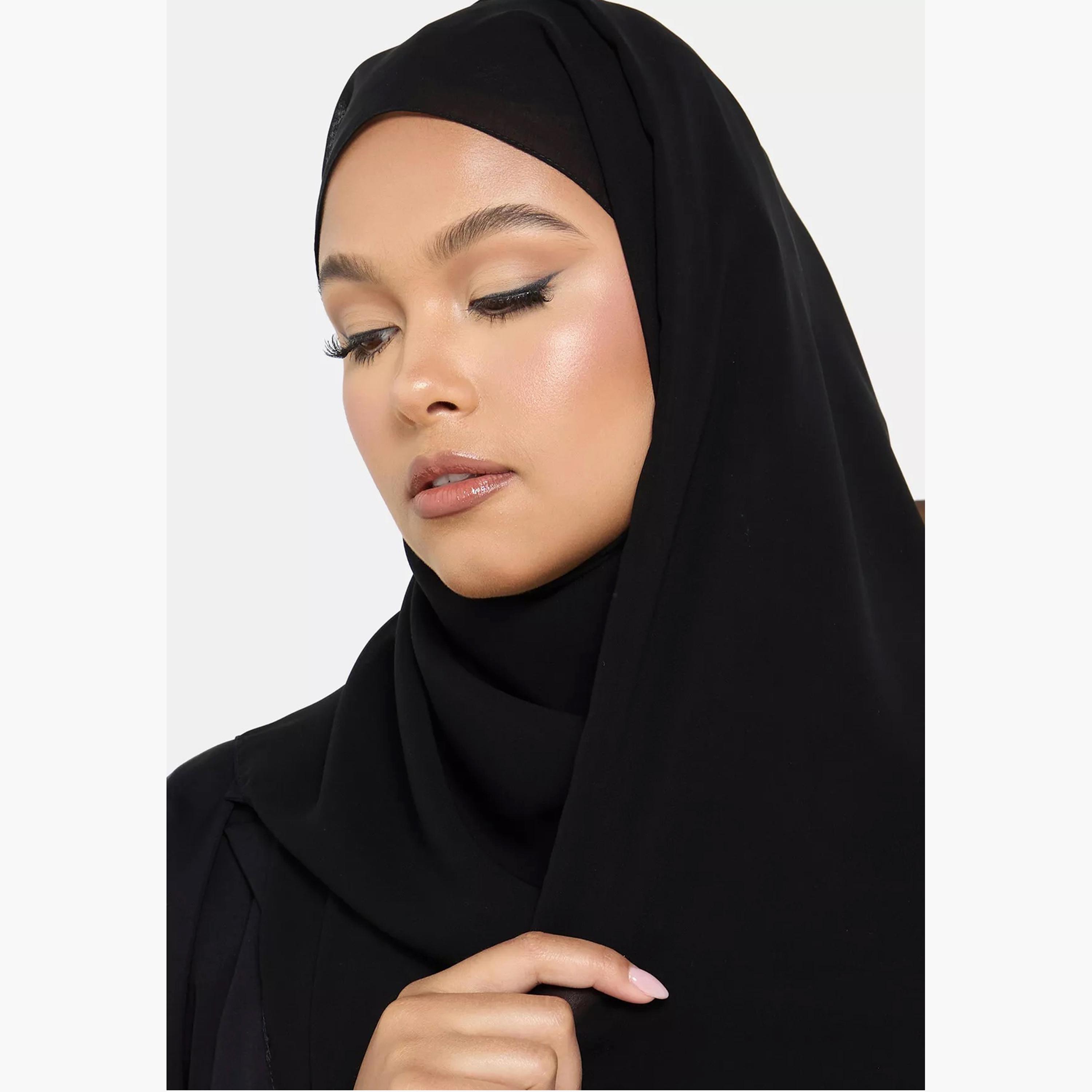 Nukhbaa Pearl Detail Front Tie-Up Belted Abaya with Hijab-women-arabicclothing-abayas-image-3