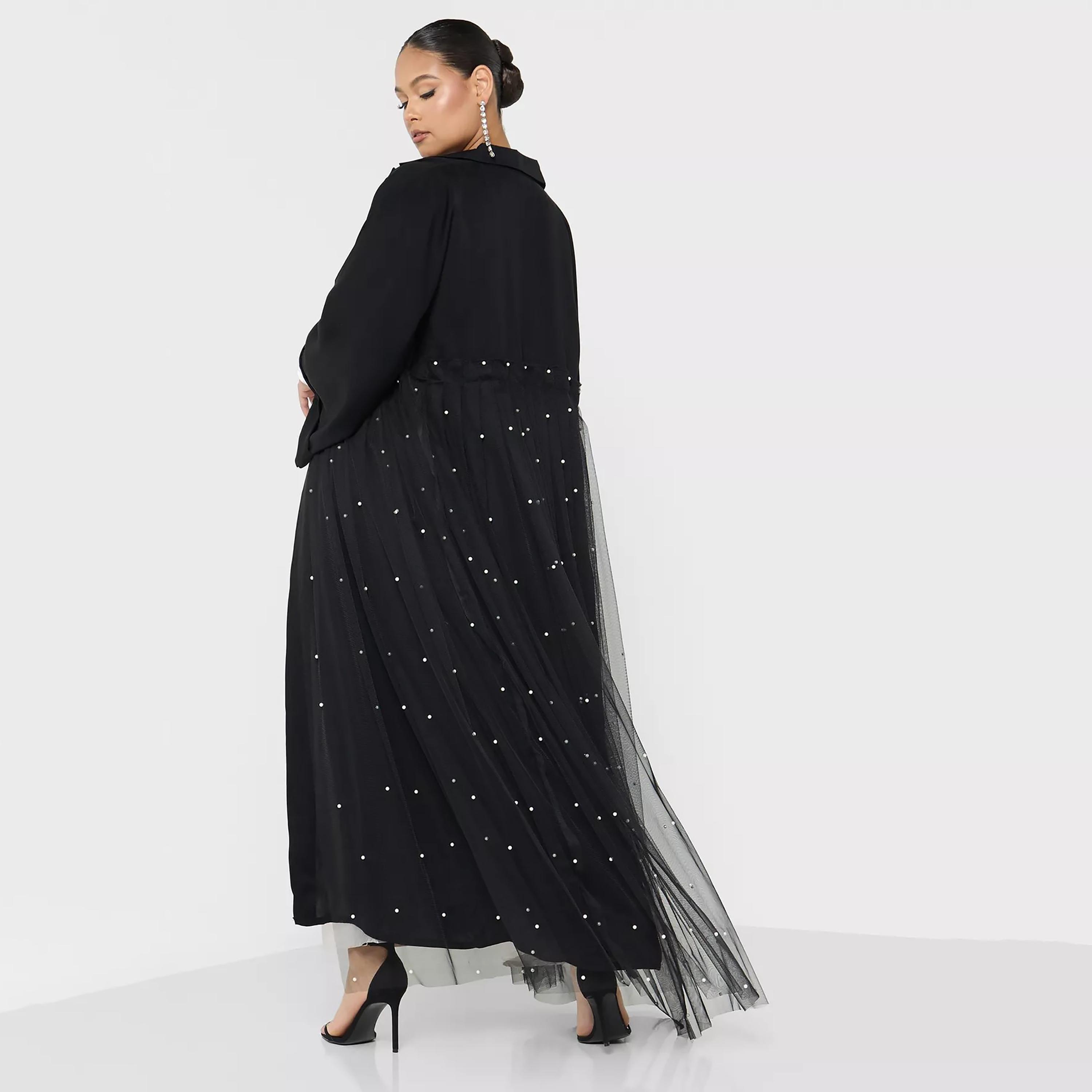 Nukhbaa Pearl Detail Front Tie-Up Belted Abaya with Hijab-women-arabicclothing-abayas-image-4