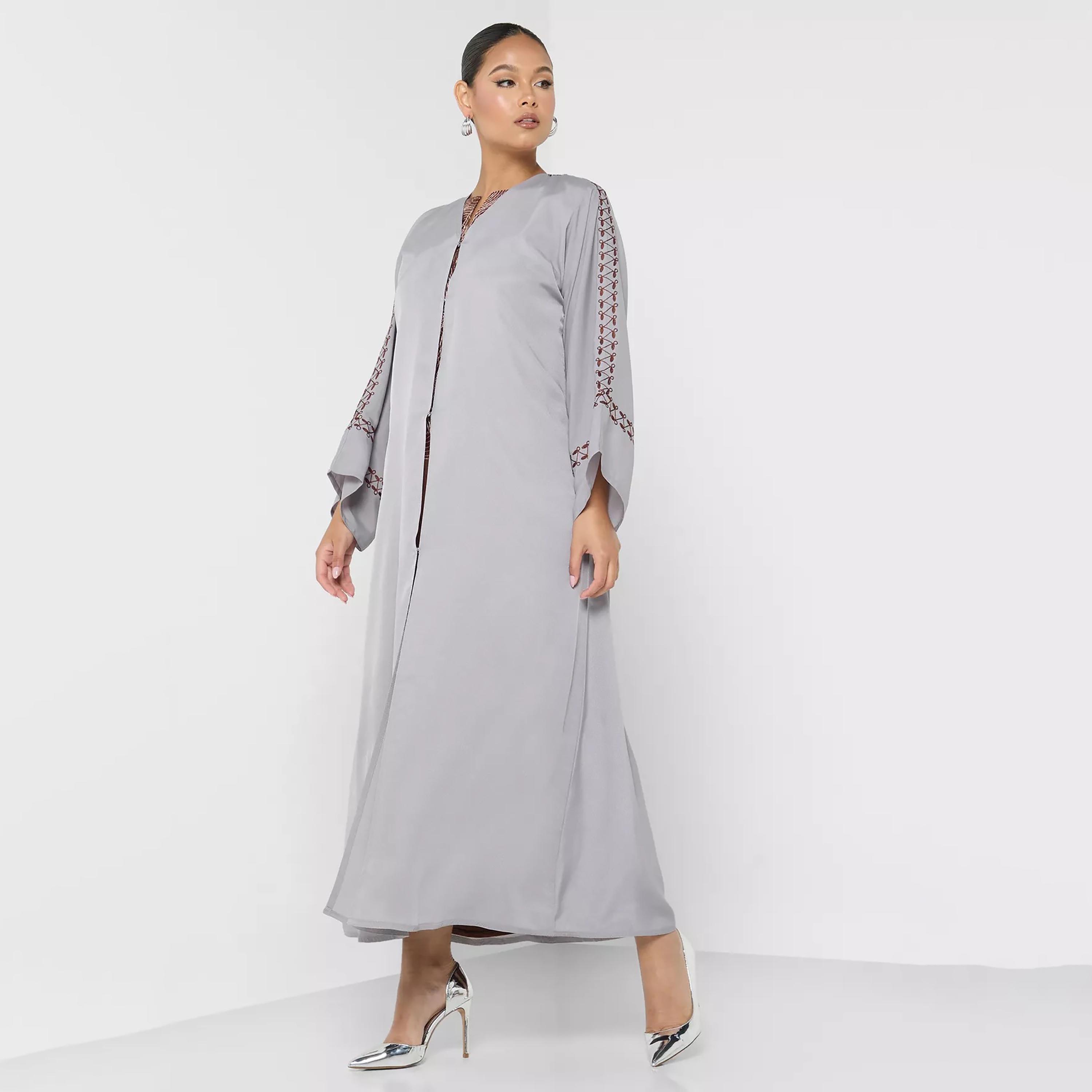 Nukhbaa Plain Embroidered Detailed Sleeves Abaya with Hijab-women-arabicclothing-abayas-image-1