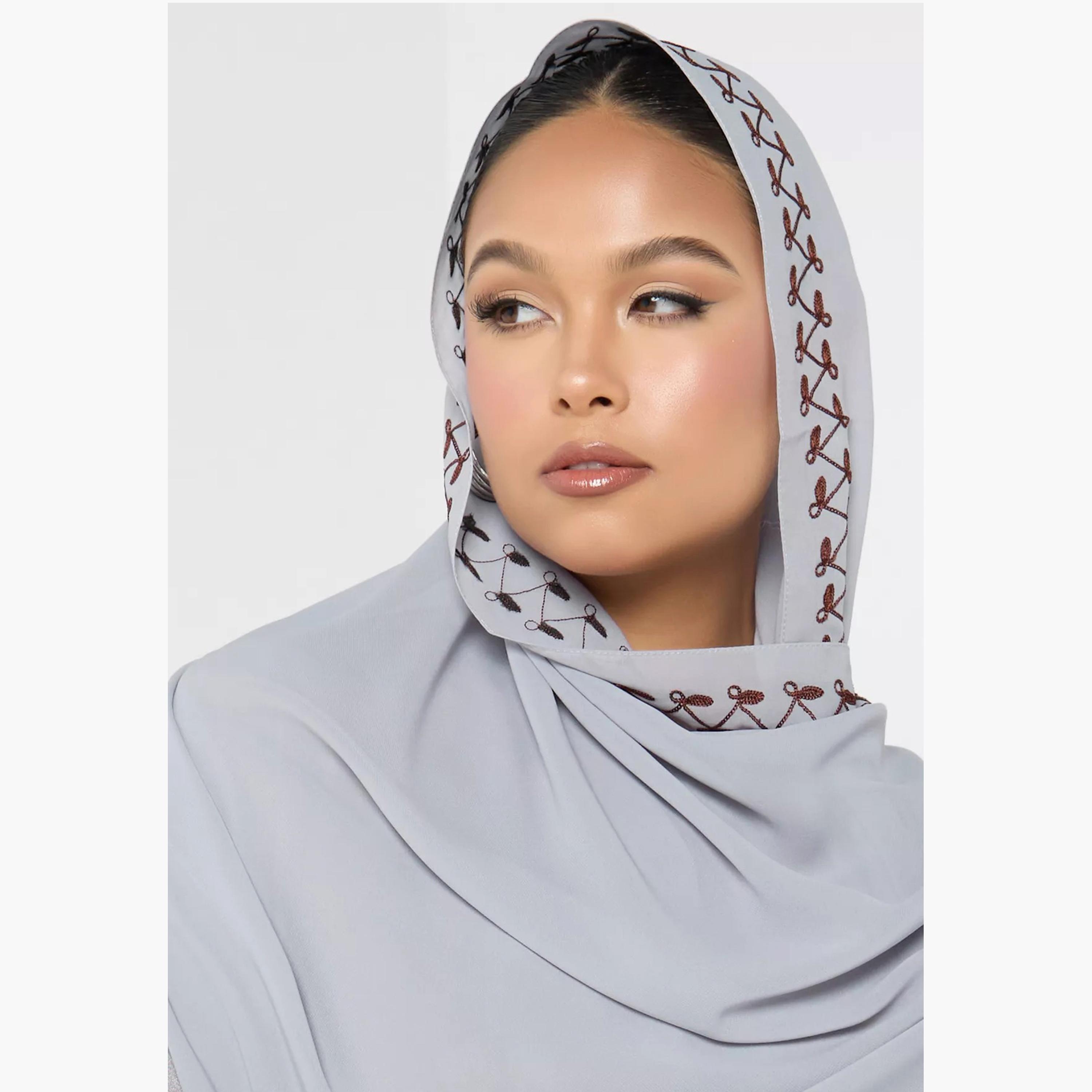 Nukhbaa Plain Embroidered Detailed Sleeves Abaya with Hijab-women-arabicclothing-abayas-image-3