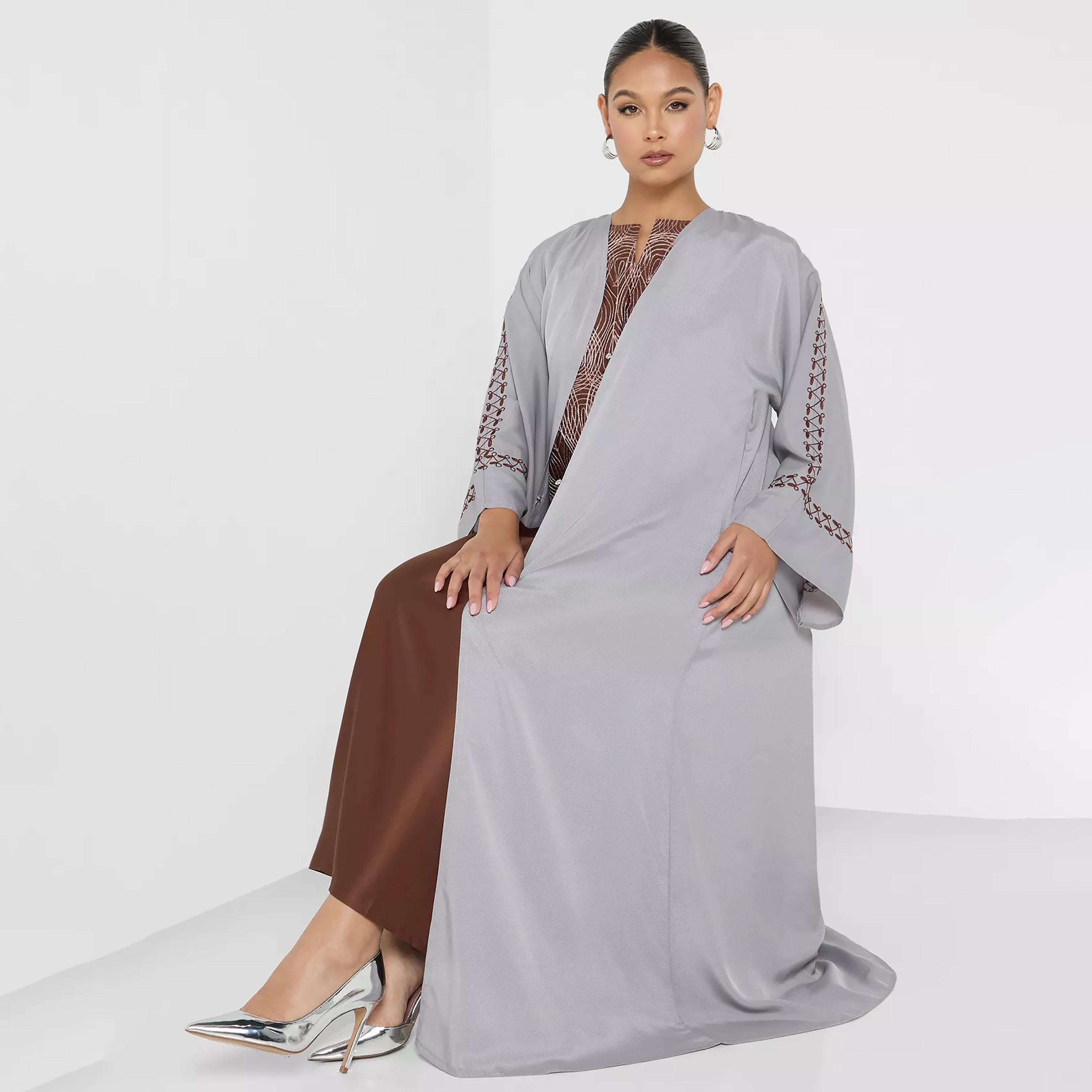 Nukhbaa Plain Embroidered Detailed Sleeves Abaya with Hijab-women-arabicclothing-abayas-image-4