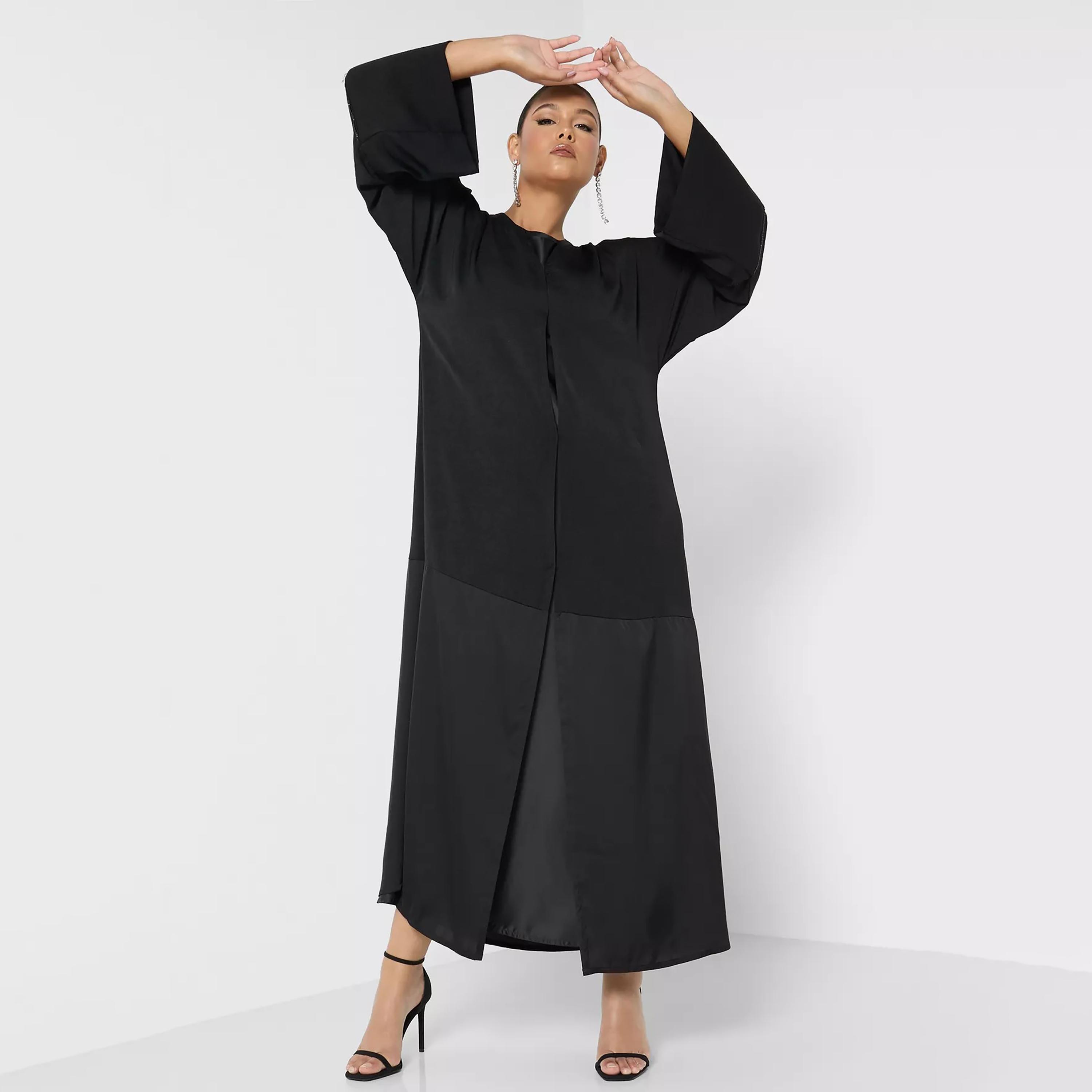 Nukhbaa Plain Beaded Detailed Sleeves Abaya with Inner Dress and Hijab-women-arabicclothing-abayas-image-1
