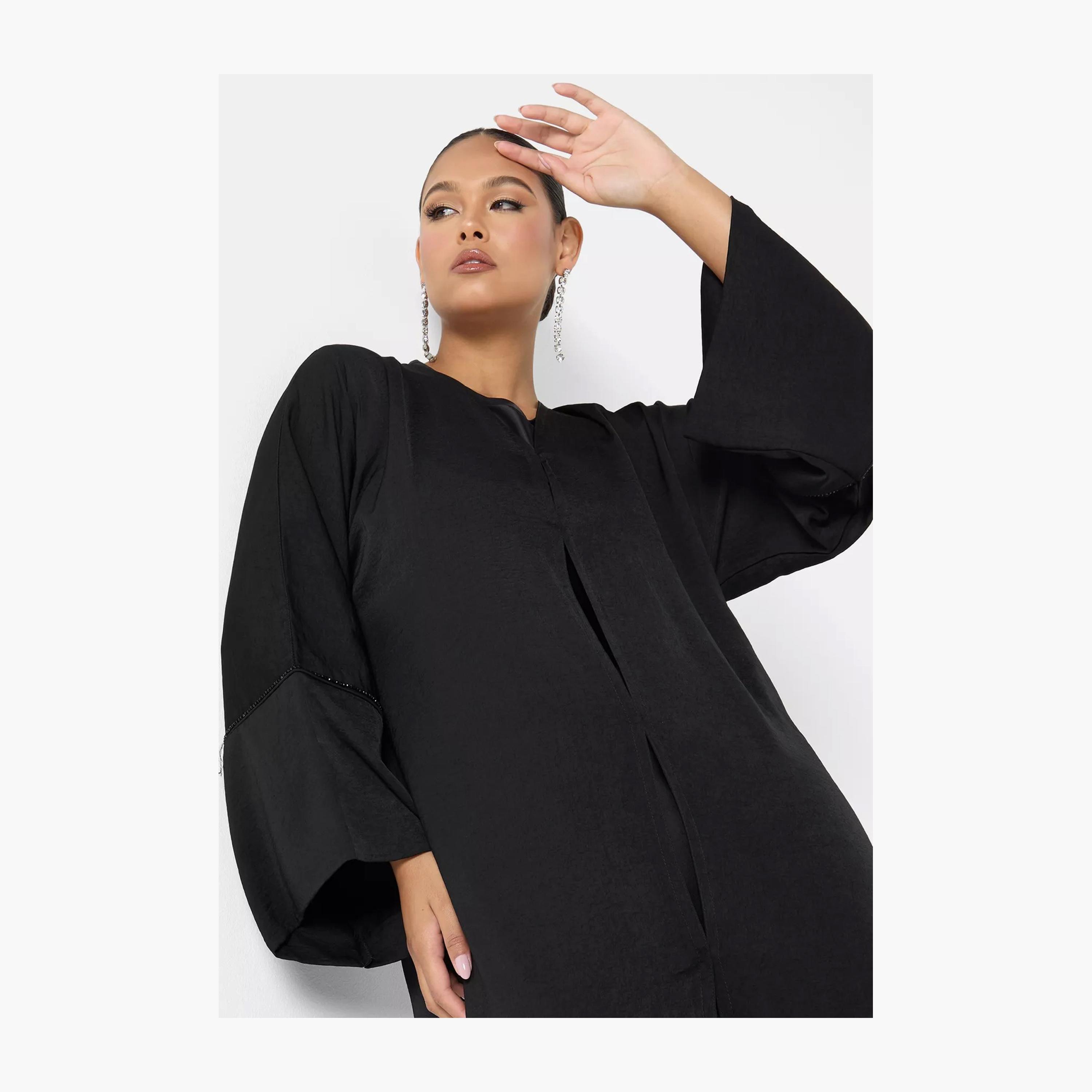 Nukhbaa Plain Beaded Detailed Sleeves Abaya with Inner Dress and Hijab-women-arabicclothing-abayas-image-2