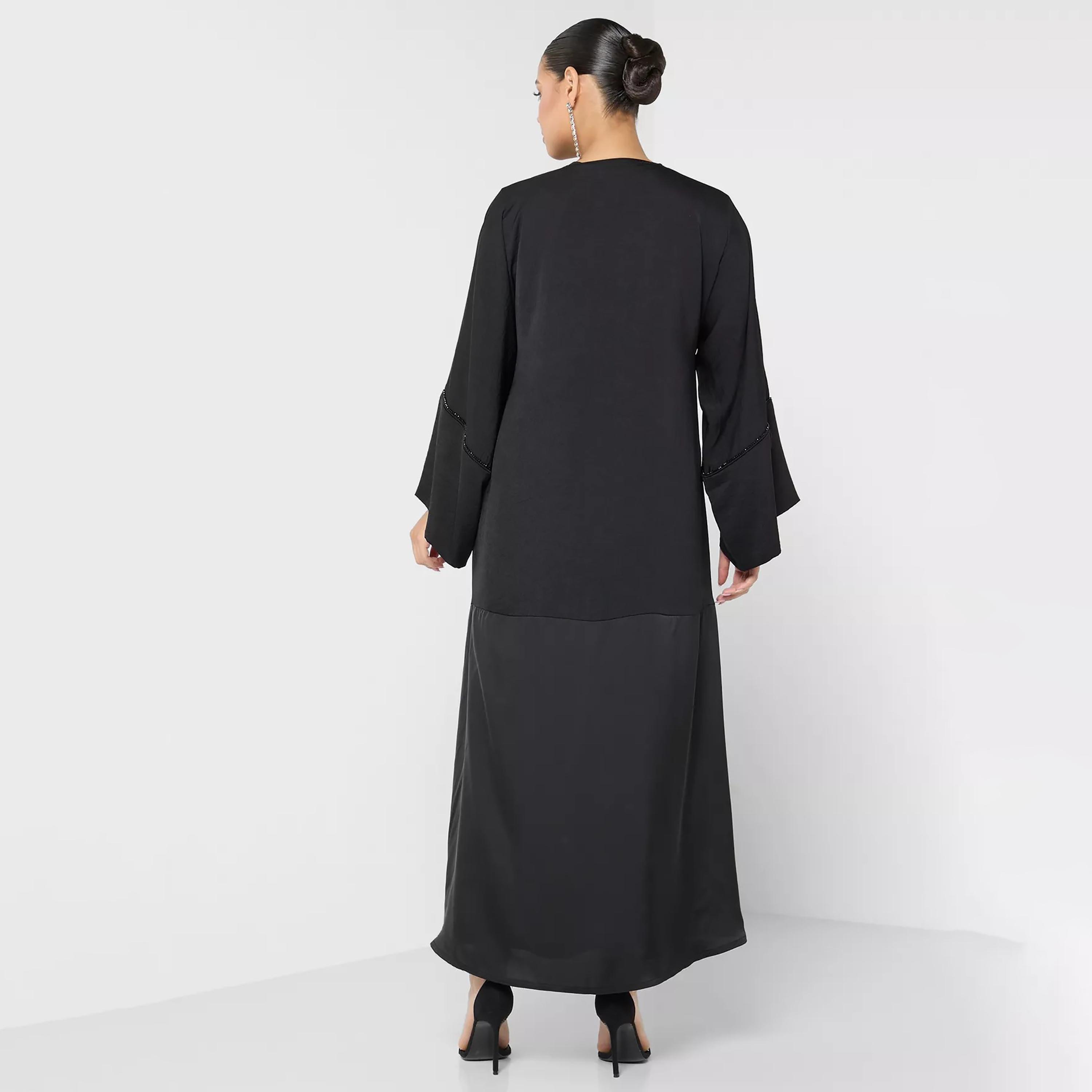 Nukhbaa Plain Beaded Detailed Sleeves Abaya with Inner Dress and Hijab-women-arabicclothing-abayas-image-4