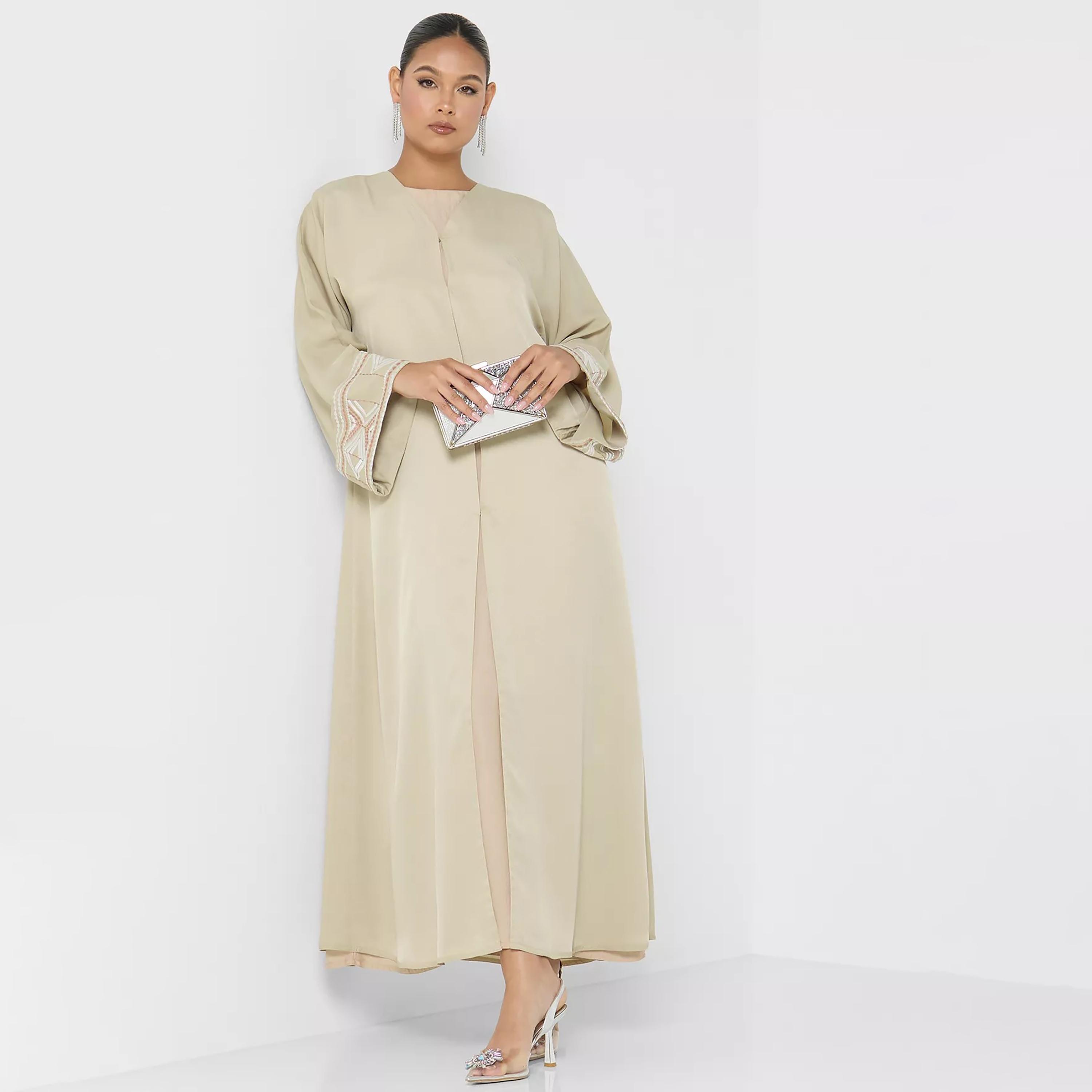 Nukhbaa Plain Abaya with Embroidered Detailed Sleeves & Hijab-women-arabicclothing-abayas-image-1