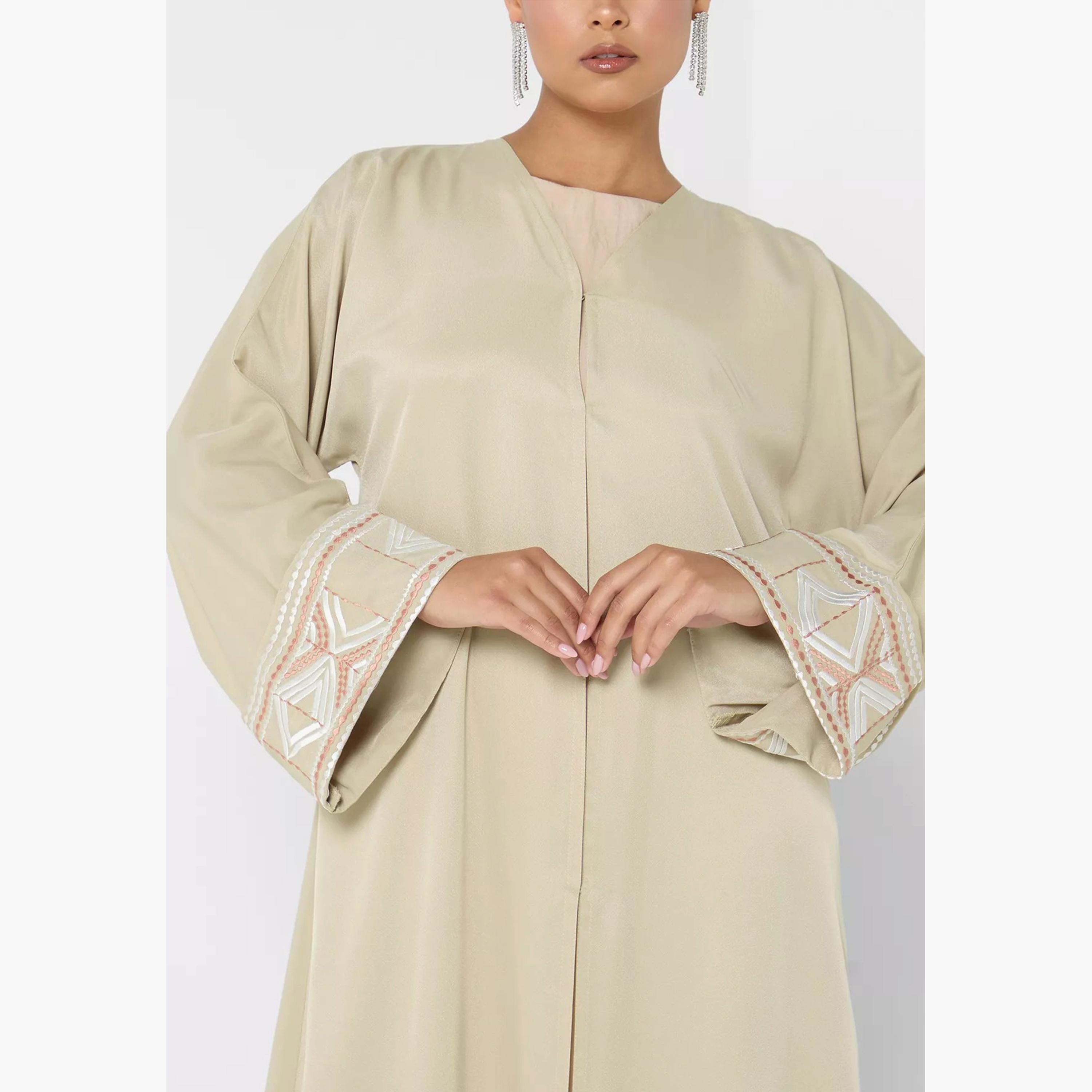 Nukhbaa Plain Abaya with Embroidered Detailed Sleeves & Hijab-women-arabicclothing-abayas-image-2