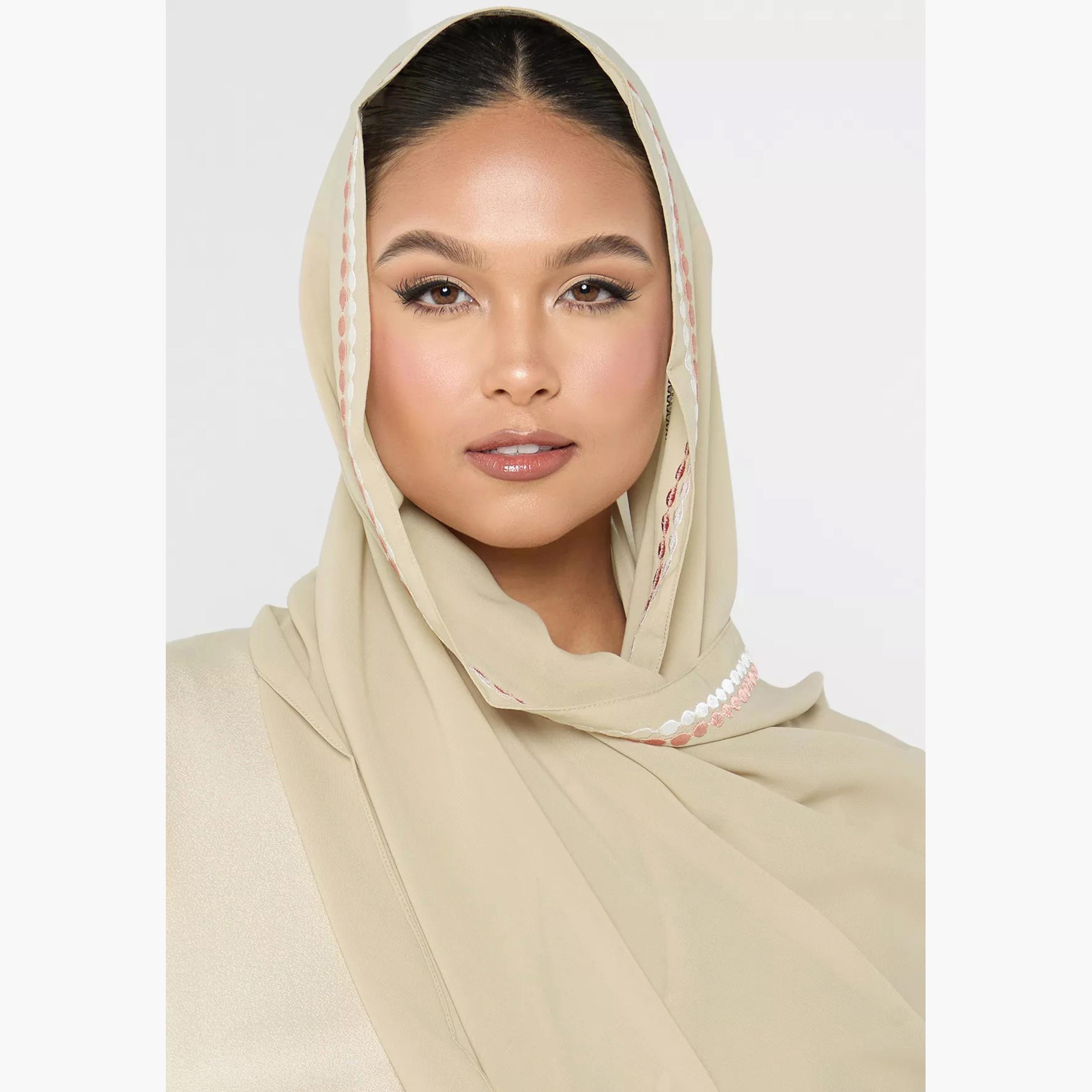 Nukhbaa Plain Abaya with Embroidered Detailed Sleeves & Hijab-women-arabicclothing-abayas-image-3