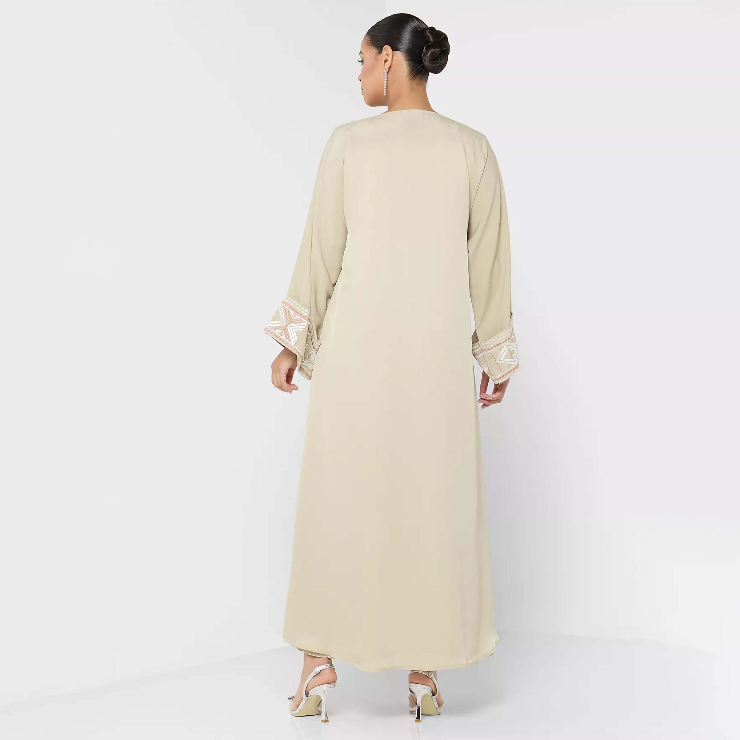Nukhbaa Plain Abaya with Embroidered Detailed Sleeves & Hijab-women-arabicclothing-abayas-image-4