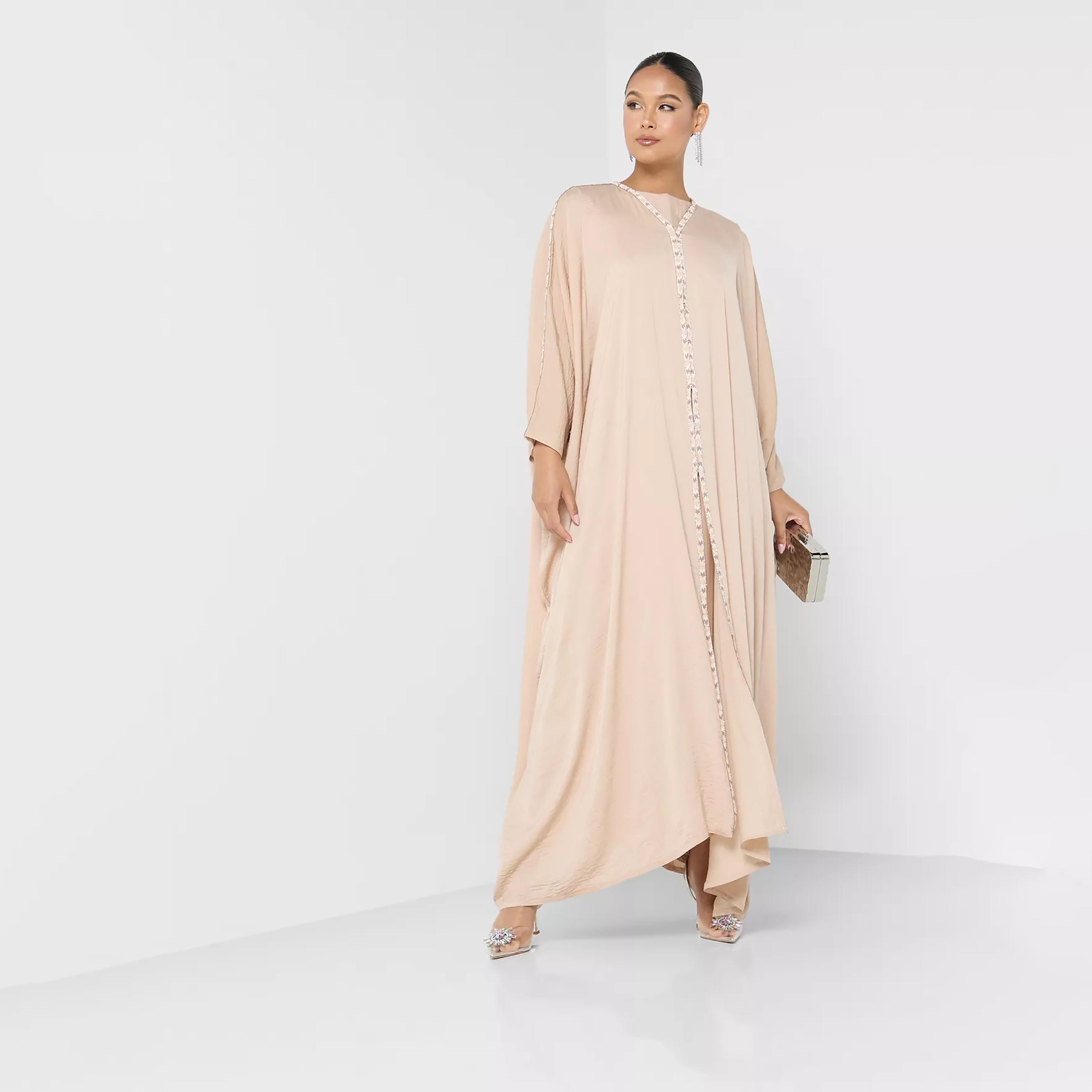 Nukhbaa Plain Beaded Detailed Sleeves Abaya with Hijab-women-arabicclothing-abayas-image-1