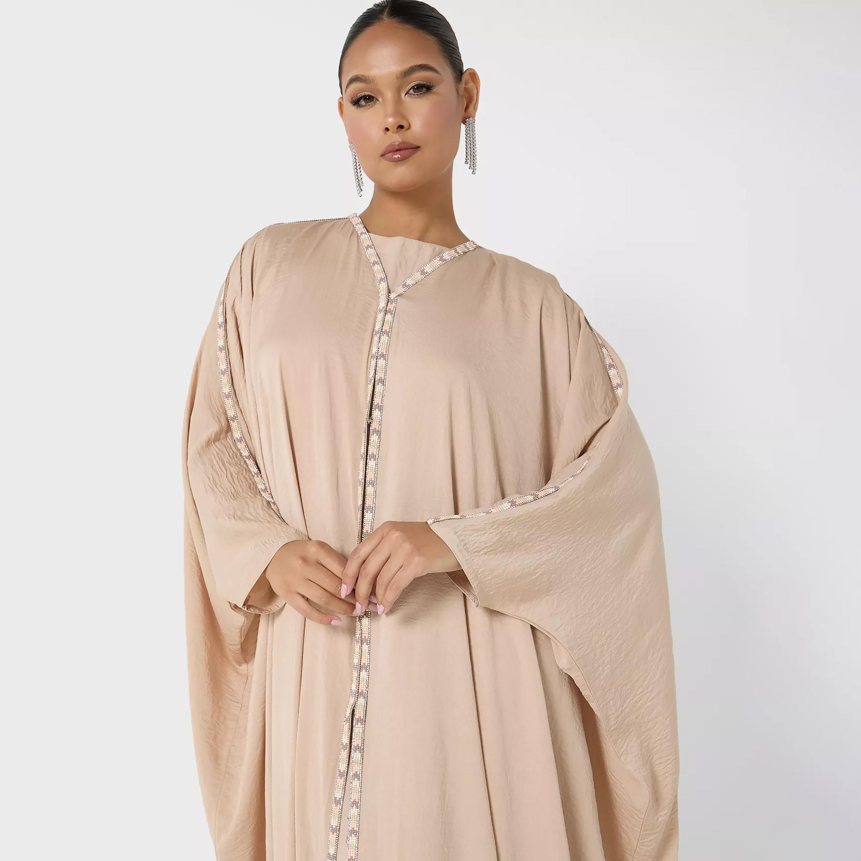 Nukhbaa Plain Beaded Detailed Sleeves Abaya with Hijab-women-arabicclothing-abayas-image-2