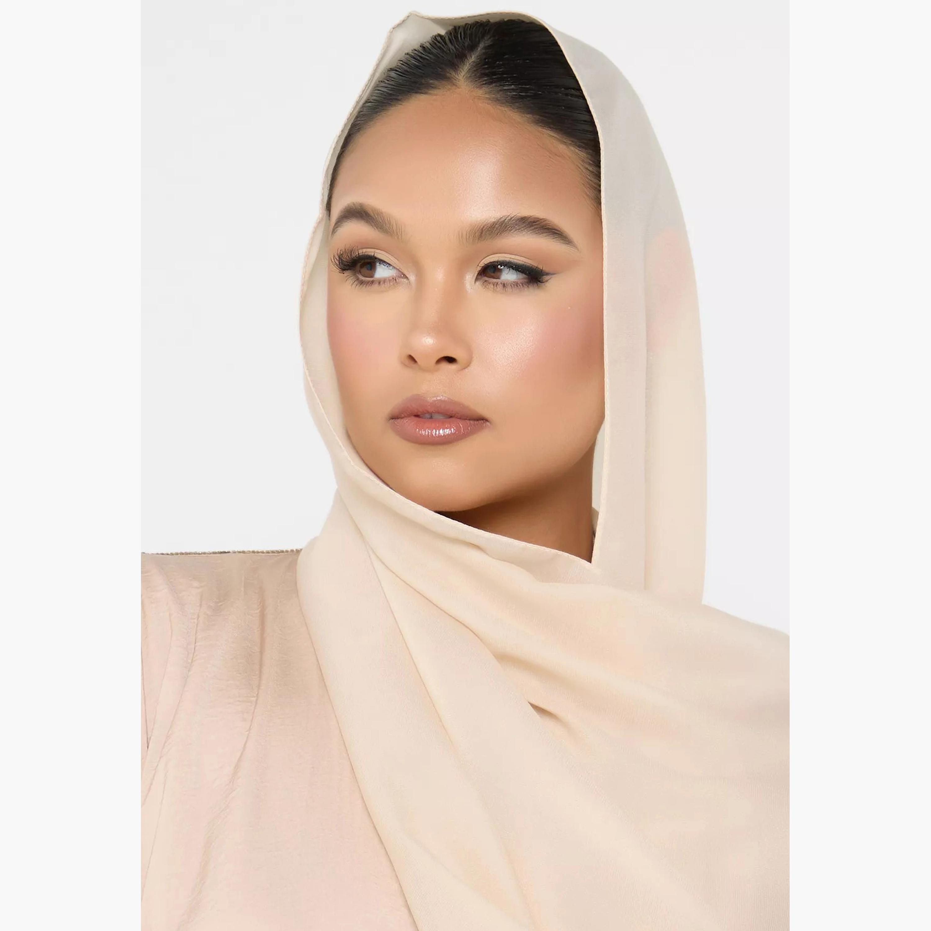 Nukhbaa Plain Beaded Detailed Sleeves Abaya with Hijab-women-arabicclothing-abayas-image-3