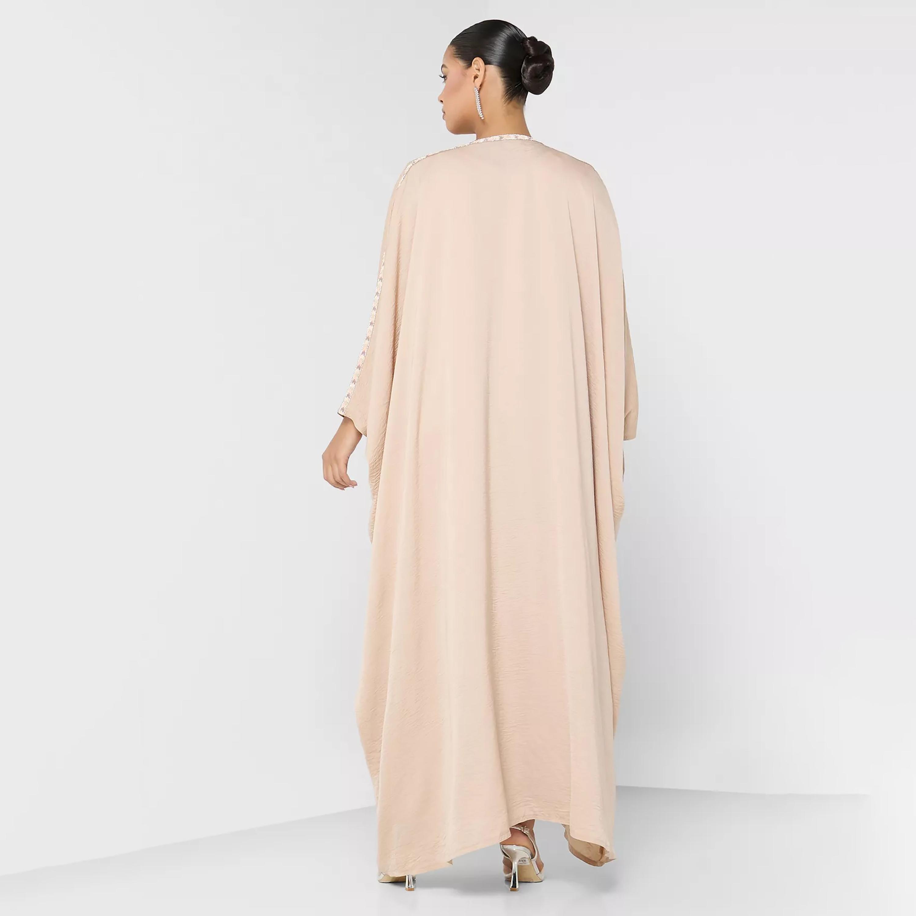 Nukhbaa Plain Beaded Detailed Sleeves Abaya with Hijab-women-arabicclothing-abayas-image-4