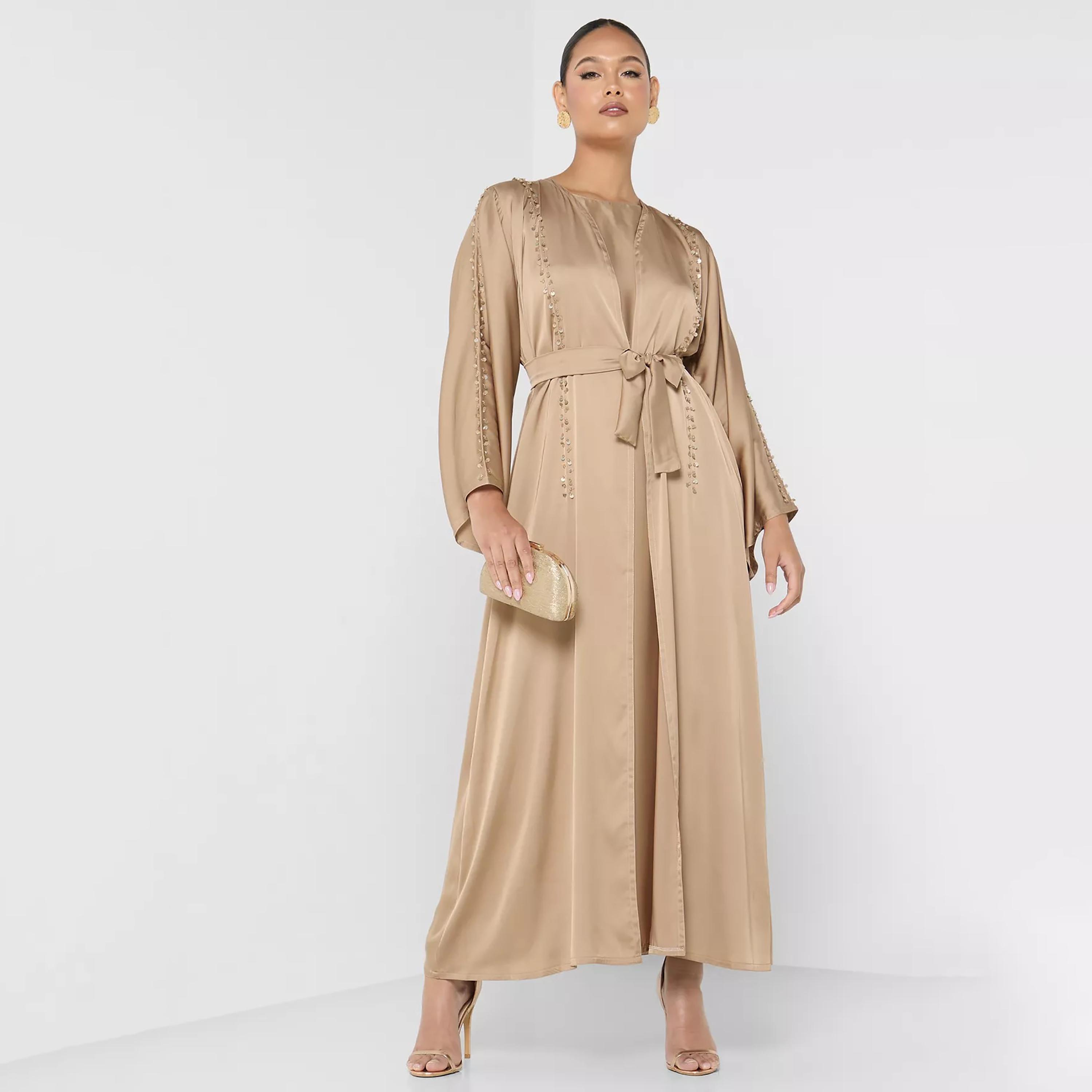 Nukhbaa Sequins Detailed Tie Belt Abaya with Inner Dress and Hijab-women-arabicclothing-abayas-image-1