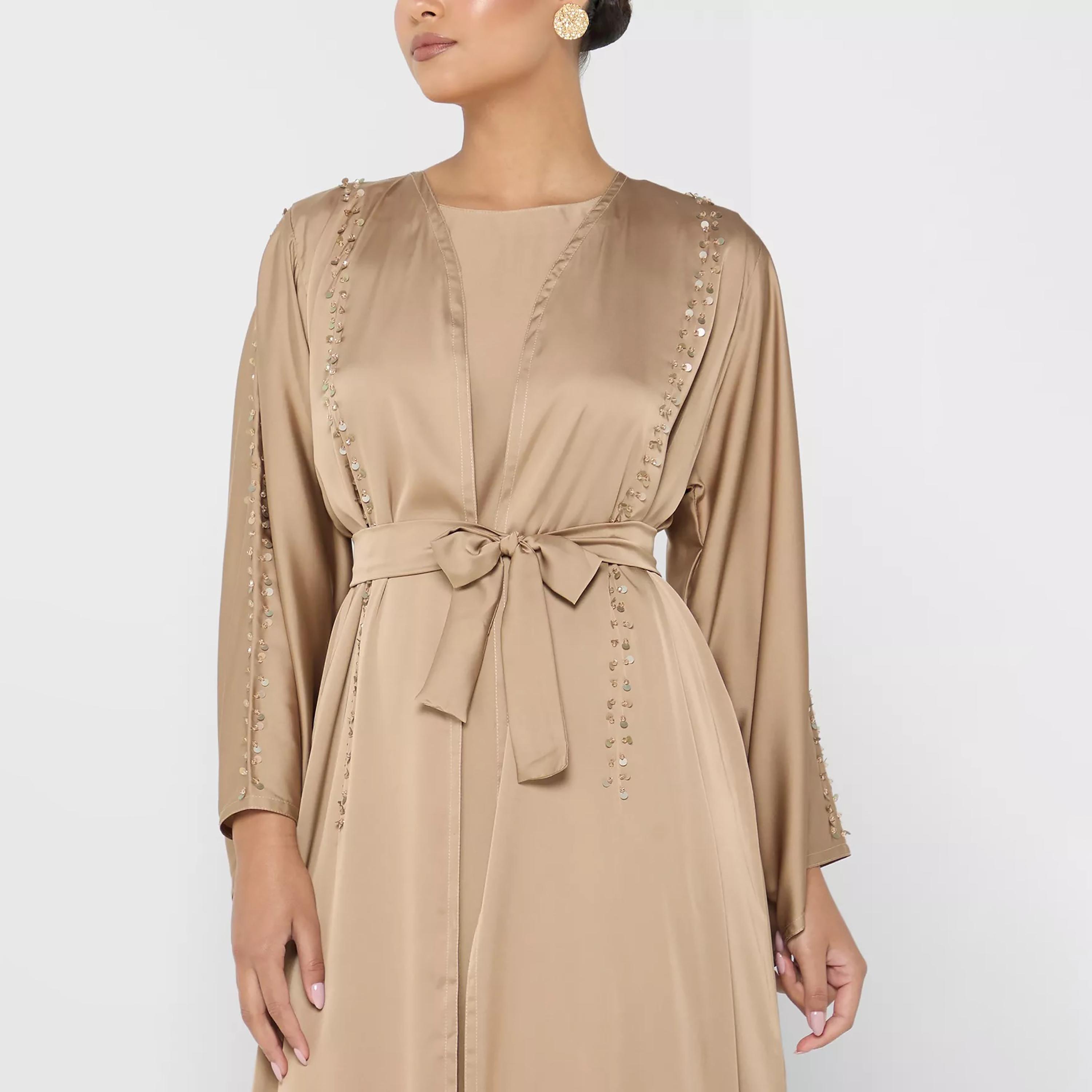 Nukhbaa Sequins Detailed Tie Belt Abaya with Inner Dress and Hijab-women-arabicclothing-abayas-image-2