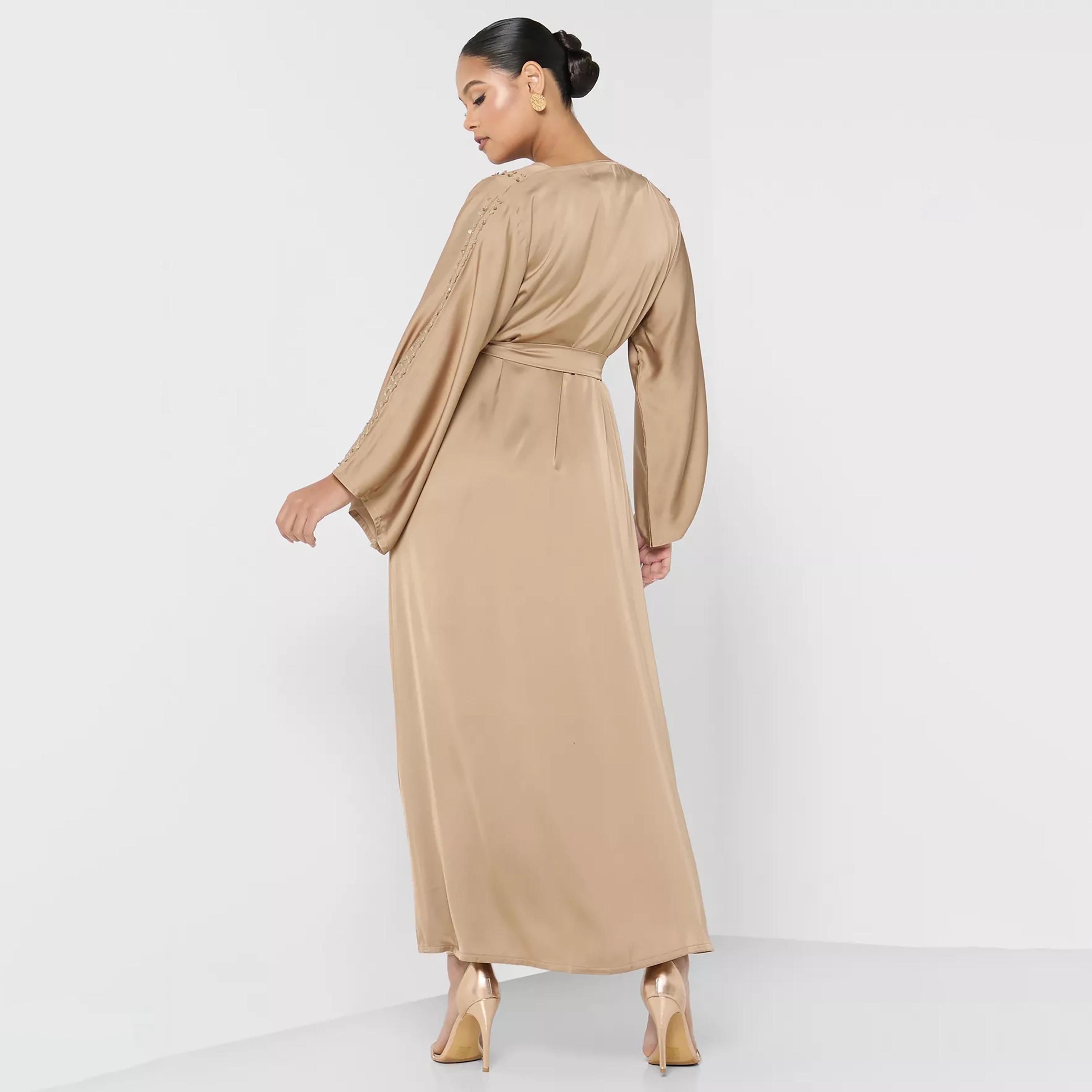 Nukhbaa Sequins Detailed Tie Belt Abaya with Inner Dress and Hijab-women-arabicclothing-abayas-image-4