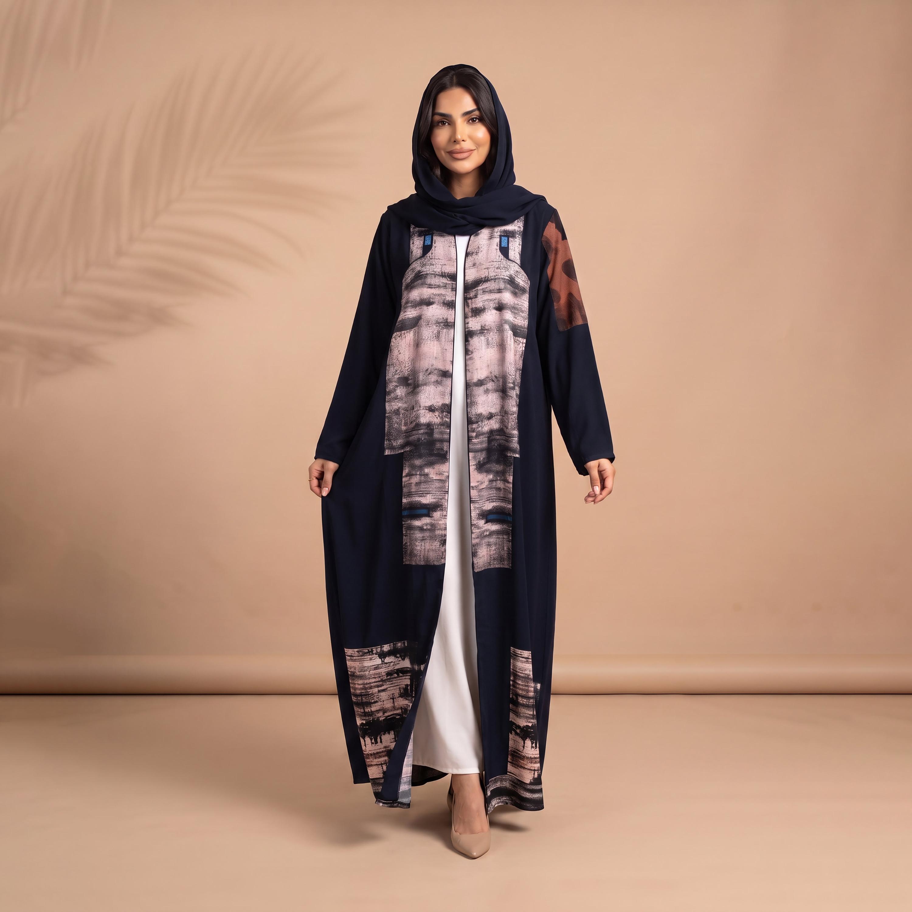Elegant Hijab Blue Abstract Print Chiffon Women's Abaya with Hijab-women-arabicclothing-abayas-image-1