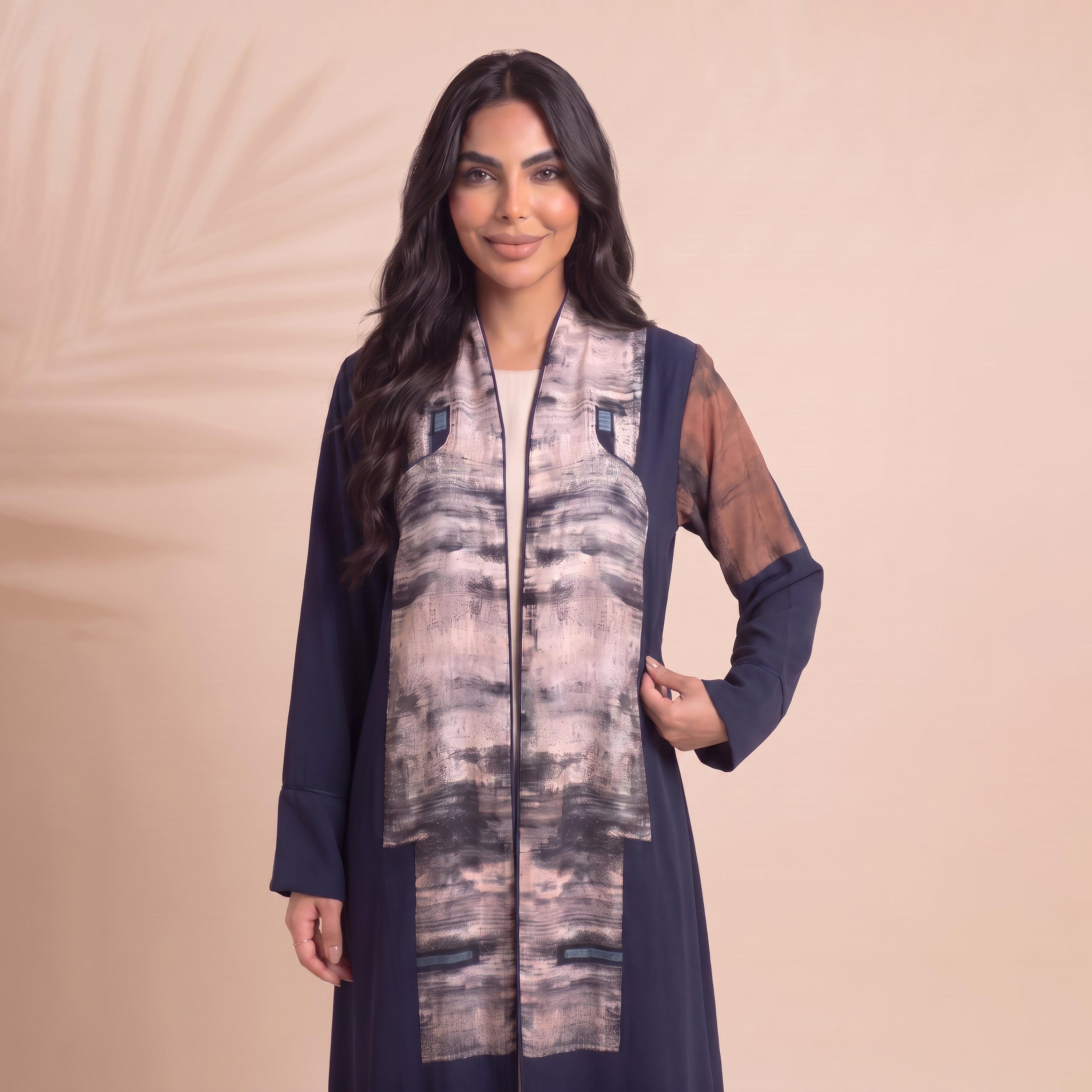 Elegant Hijab Blue Abstract Print Chiffon Women's Abaya with Hijab-women-arabicclothing-abayas-image-2