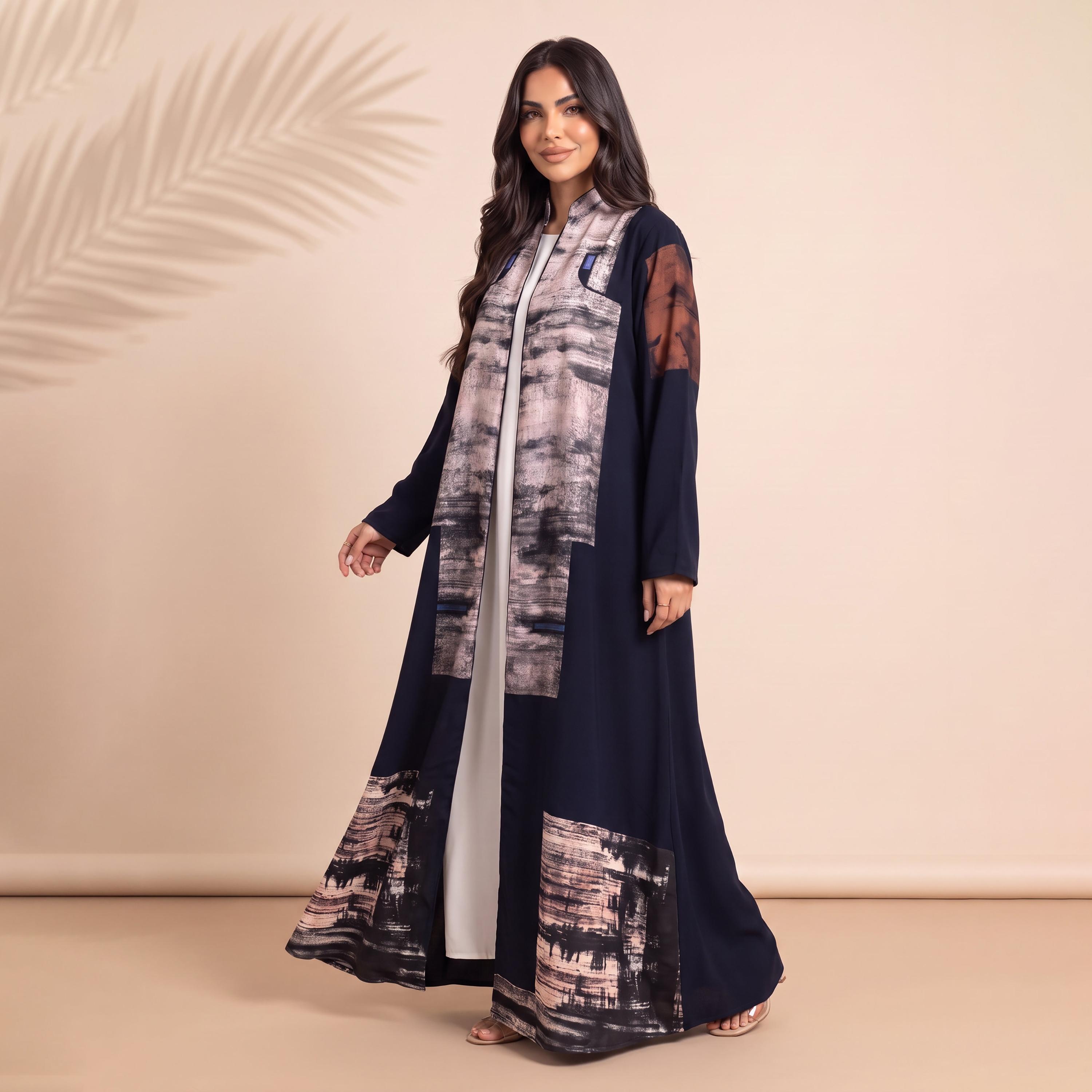 Elegant Hijab Blue Abstract Print Chiffon Women's Abaya with Hijab-women-arabicclothing-abayas-image-3