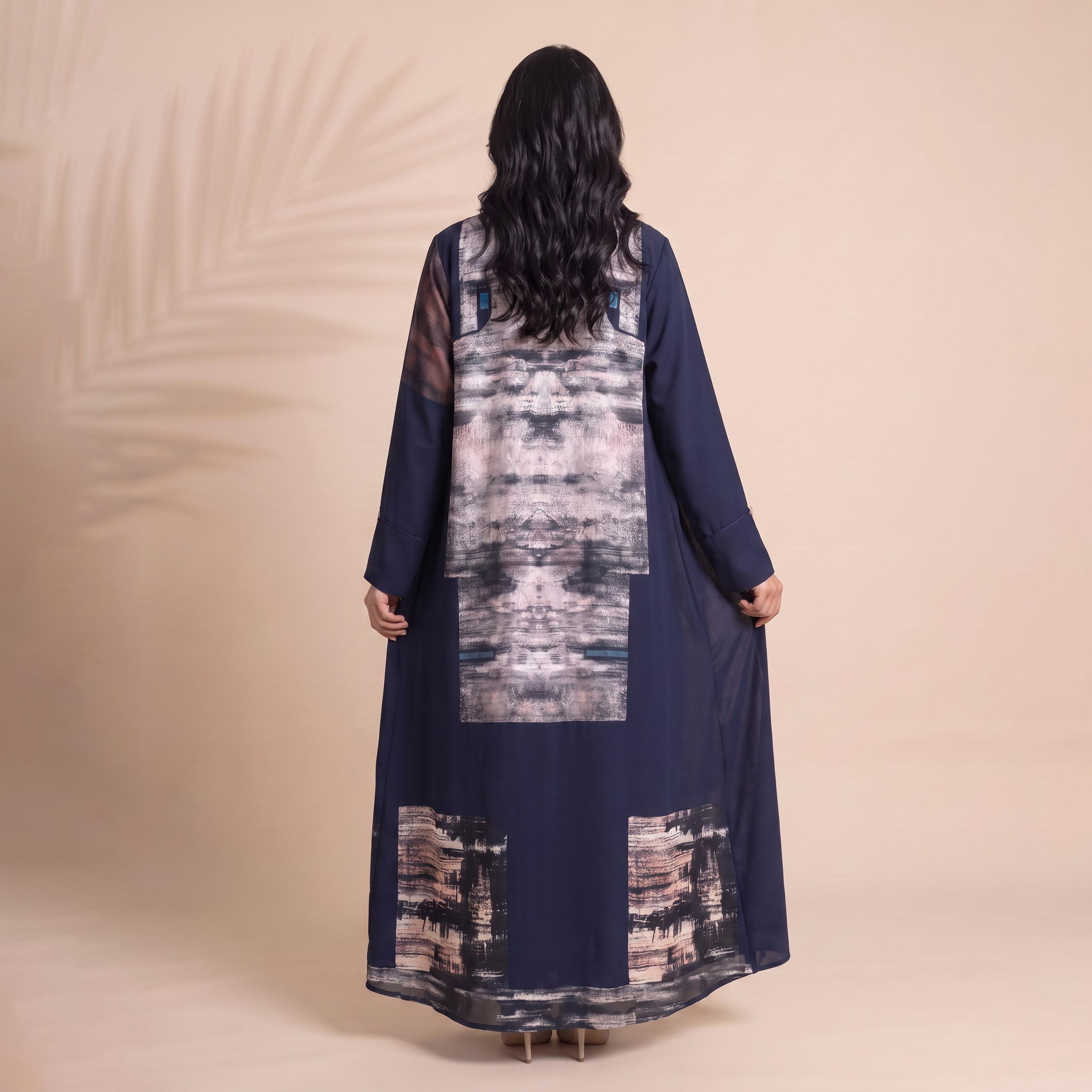 Elegant Hijab Blue Abstract Print Chiffon Women's Abaya with Hijab-women-arabicclothing-abayas-image-4