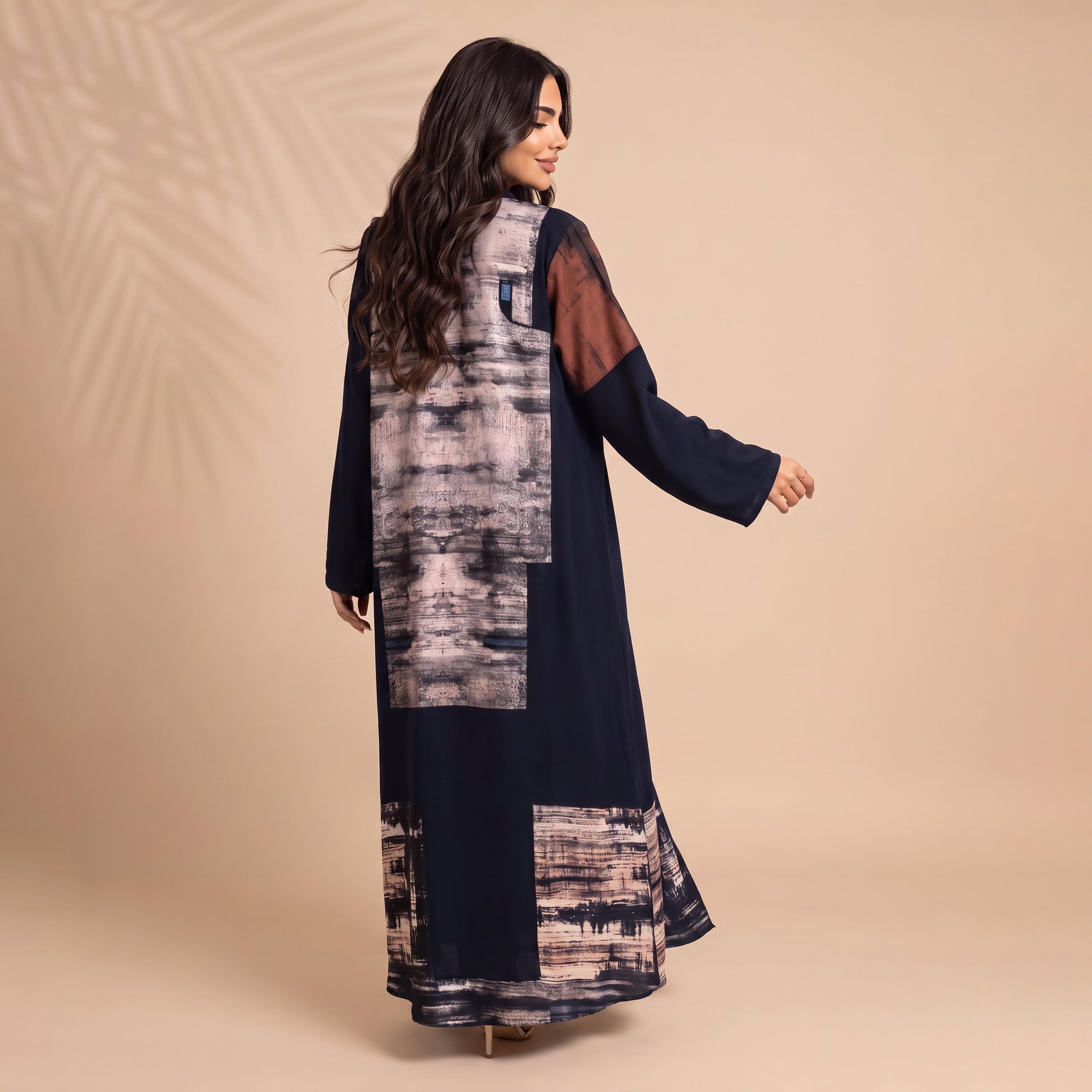 Elegant Hijab Blue Abstract Print Chiffon Women's Abaya with Hijab-women-arabicclothing-abayas-image-5