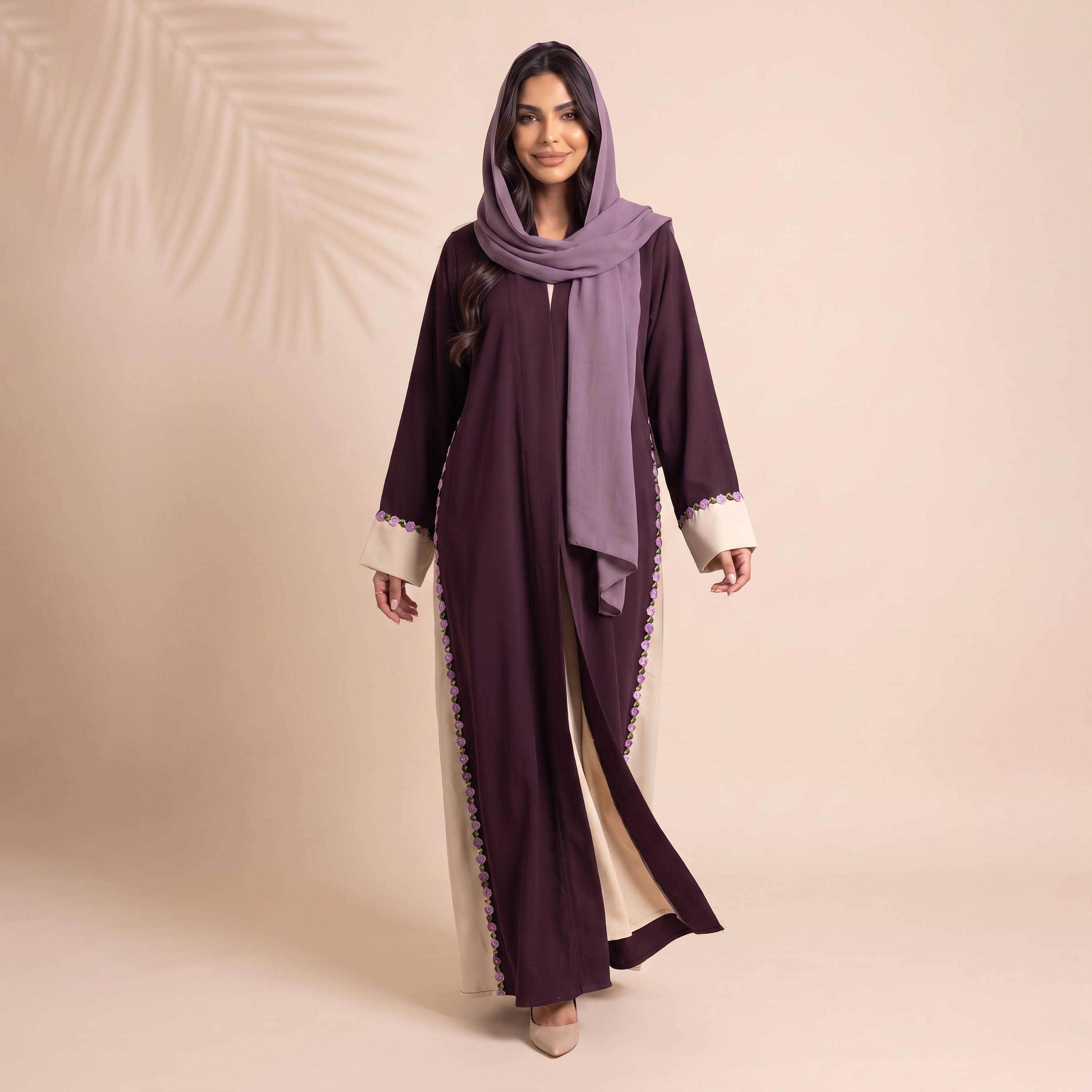 Elegant Hijab Purple Floral Embroidered Dual Panelled Crepe Women's Abaya with Hijab-women-arabicclothing-abayas-image-1