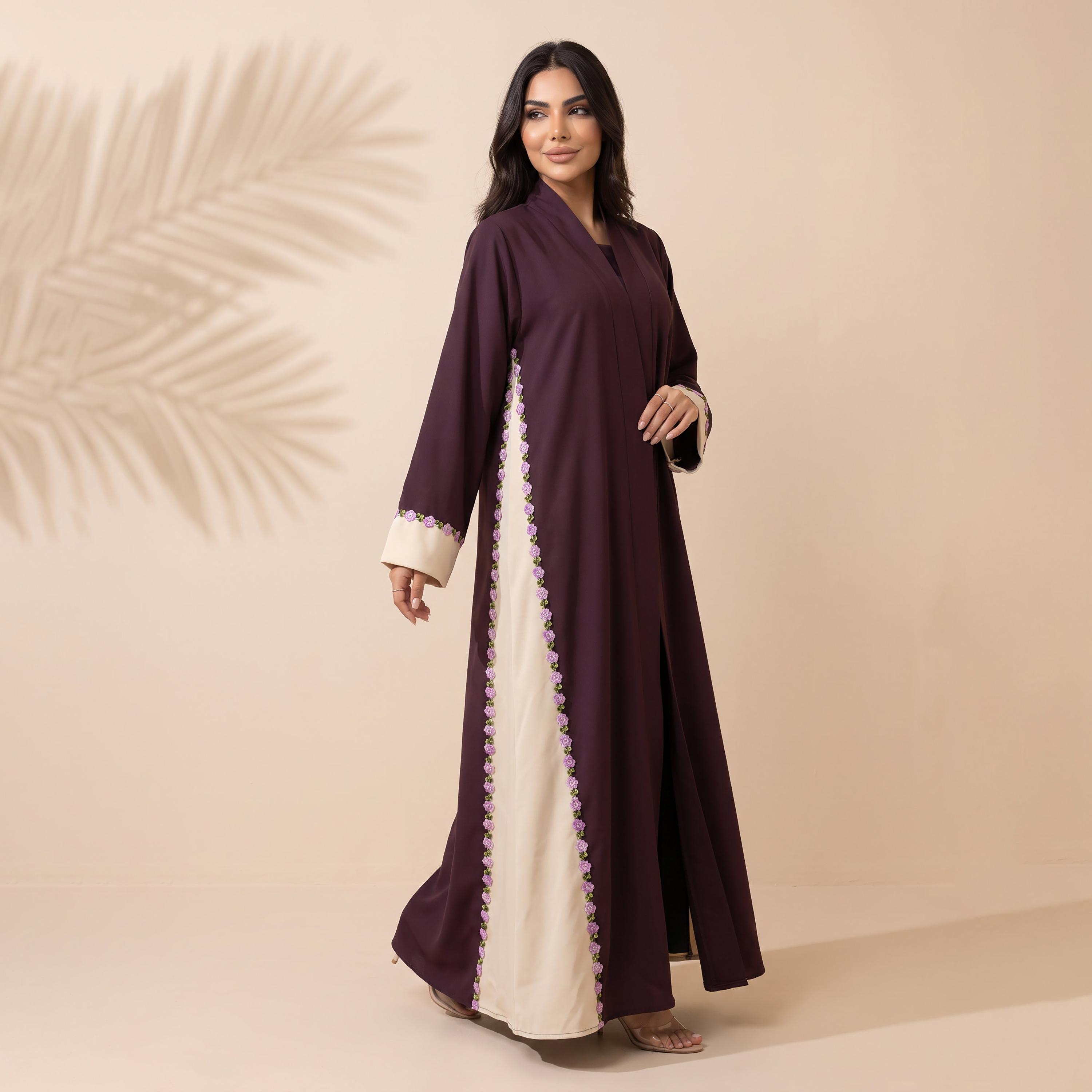 Elegant Hijab Purple Floral Embroidered Dual Panelled Crepe Women's Abaya with Hijab-women-arabicclothing-abayas-image-2