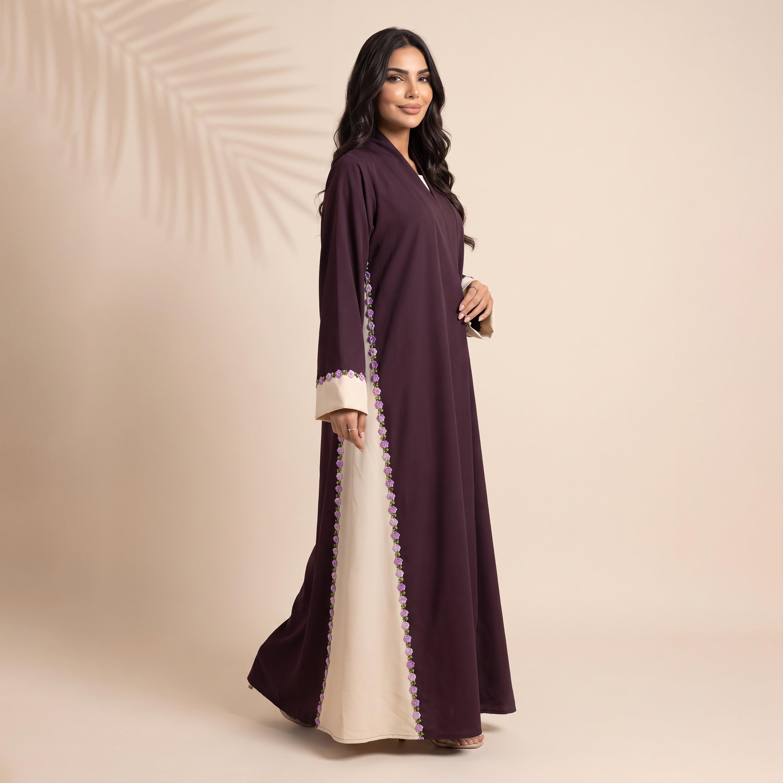Elegant Hijab Purple Floral Embroidered Dual Panelled Crepe Women's Abaya with Hijab-women-arabicclothing-abayas-image-3