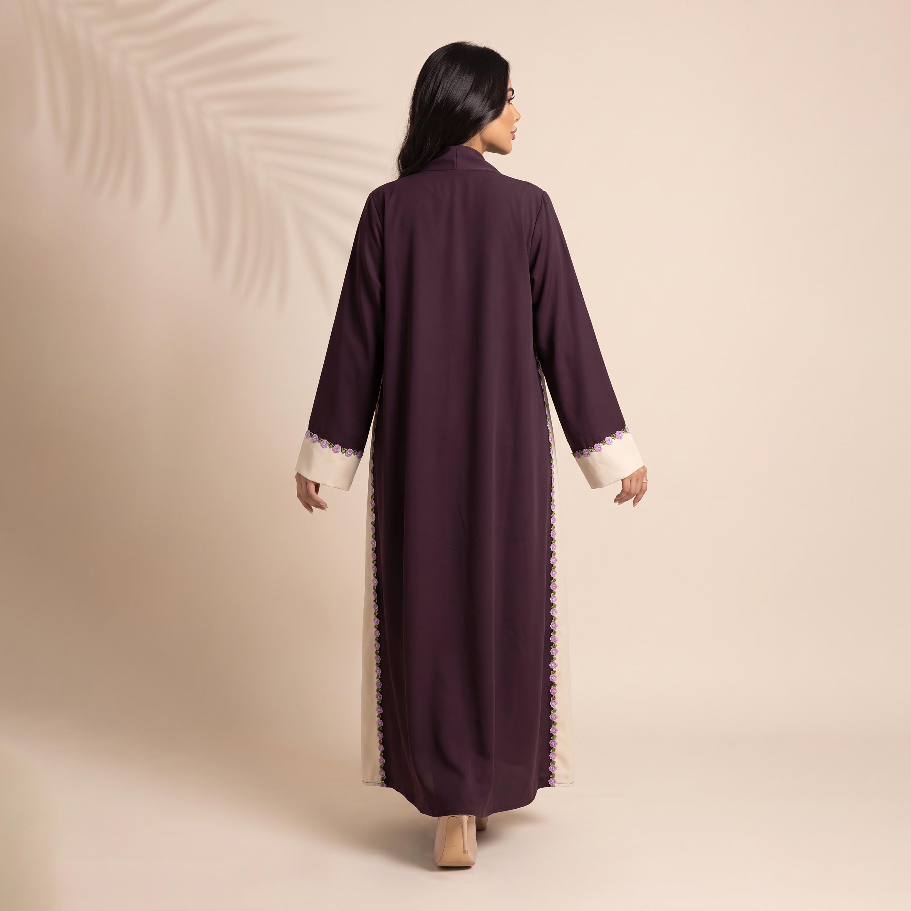 Elegant Hijab Purple Floral Embroidered Dual Panelled Crepe Women's Abaya with Hijab-women-arabicclothing-abayas-image-4