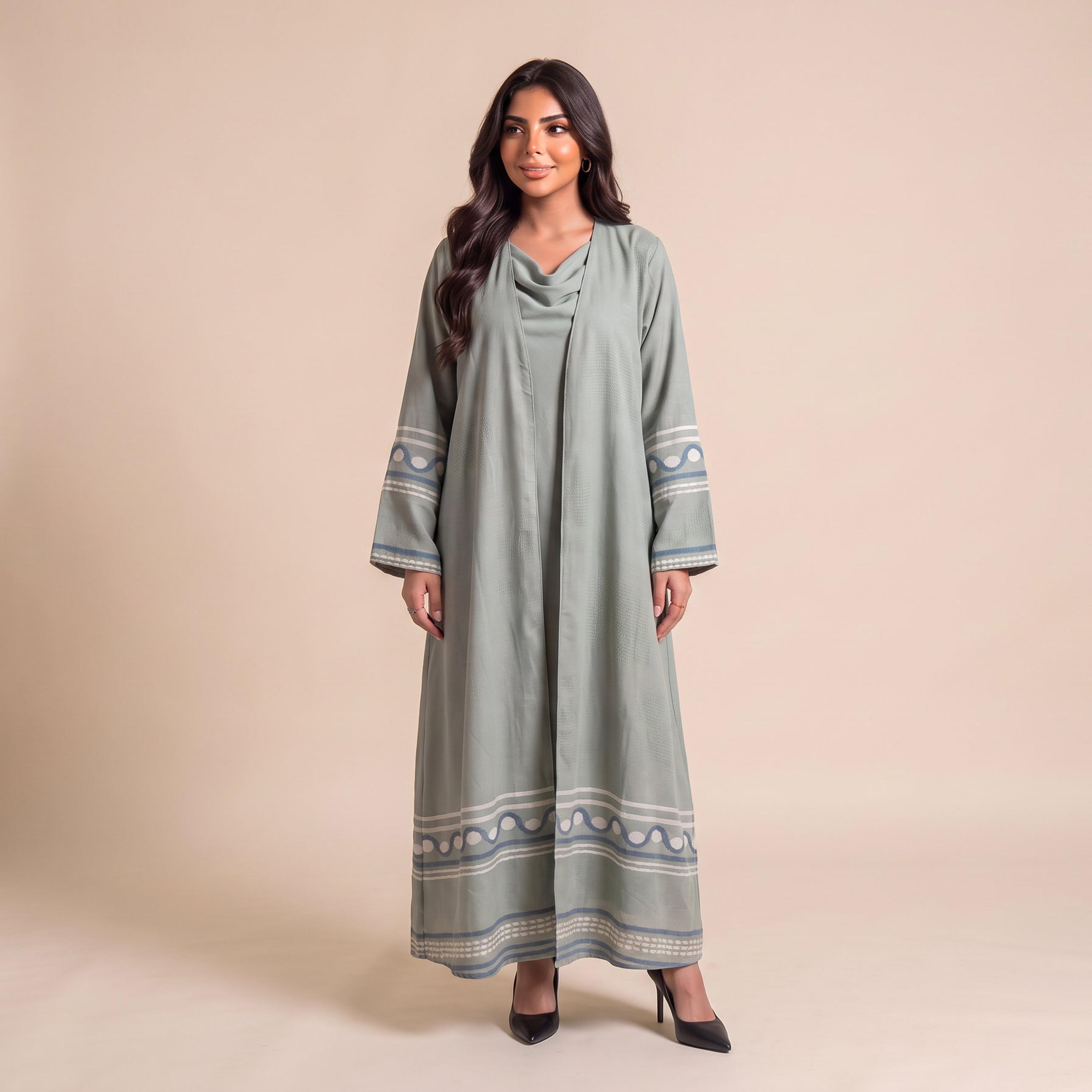 Elegant Hijab Green Striped Crepe Women's Abaya with Hijab-women-arabicclothing-abayas-image-1