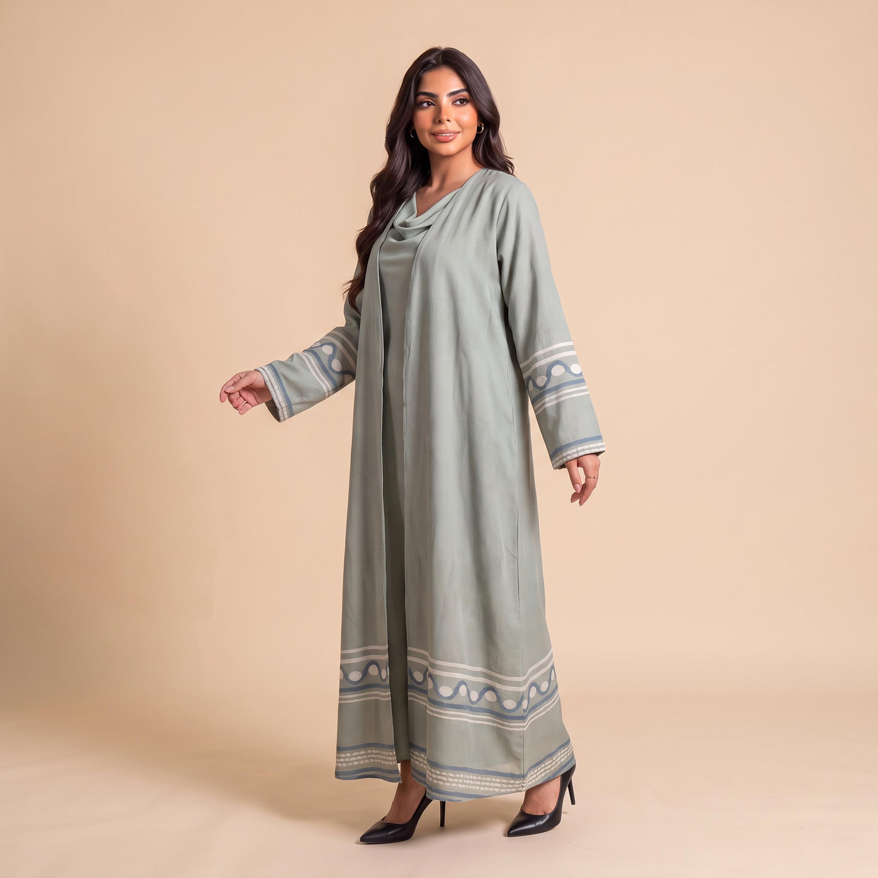 Elegant Hijab Green Striped Crepe Women's Abaya with Hijab-women-arabicclothing-abayas-image-2