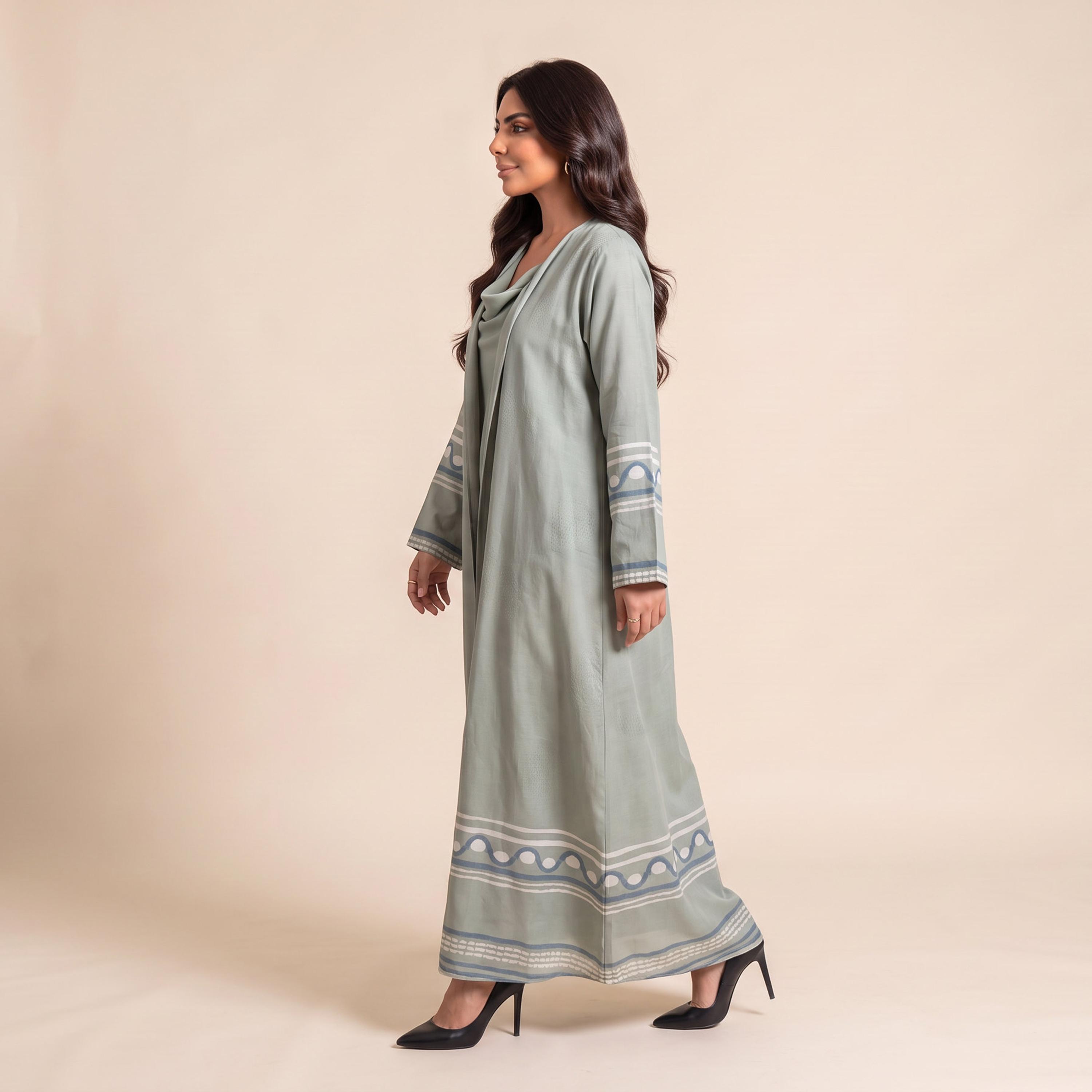 Elegant Hijab Green Striped Crepe Women's Abaya with Hijab-women-arabicclothing-abayas-image-3