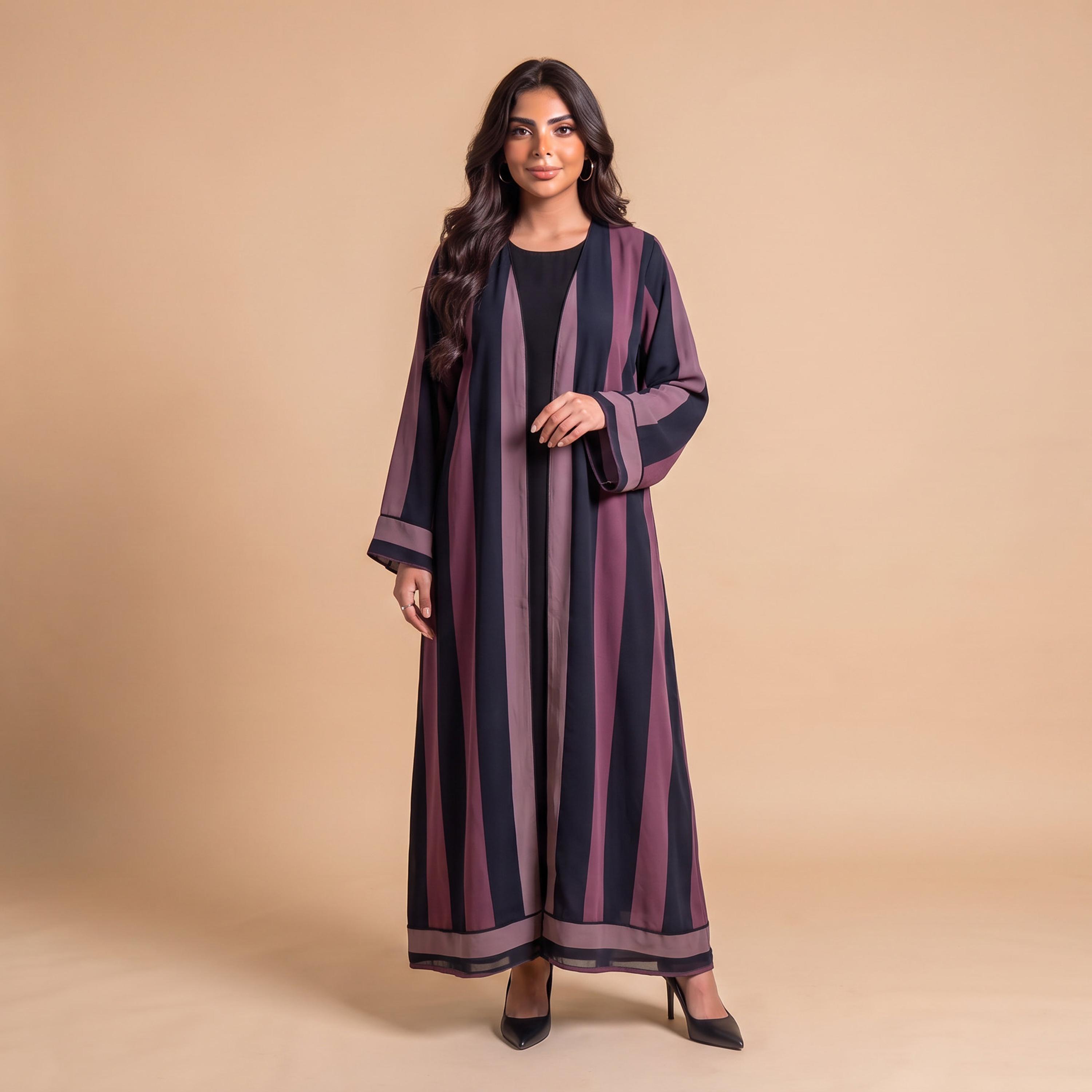 Elegant Hijab Blue Striped Crepe Women's Abaya with Hijab-women-arabicclothing-abayas-image-1