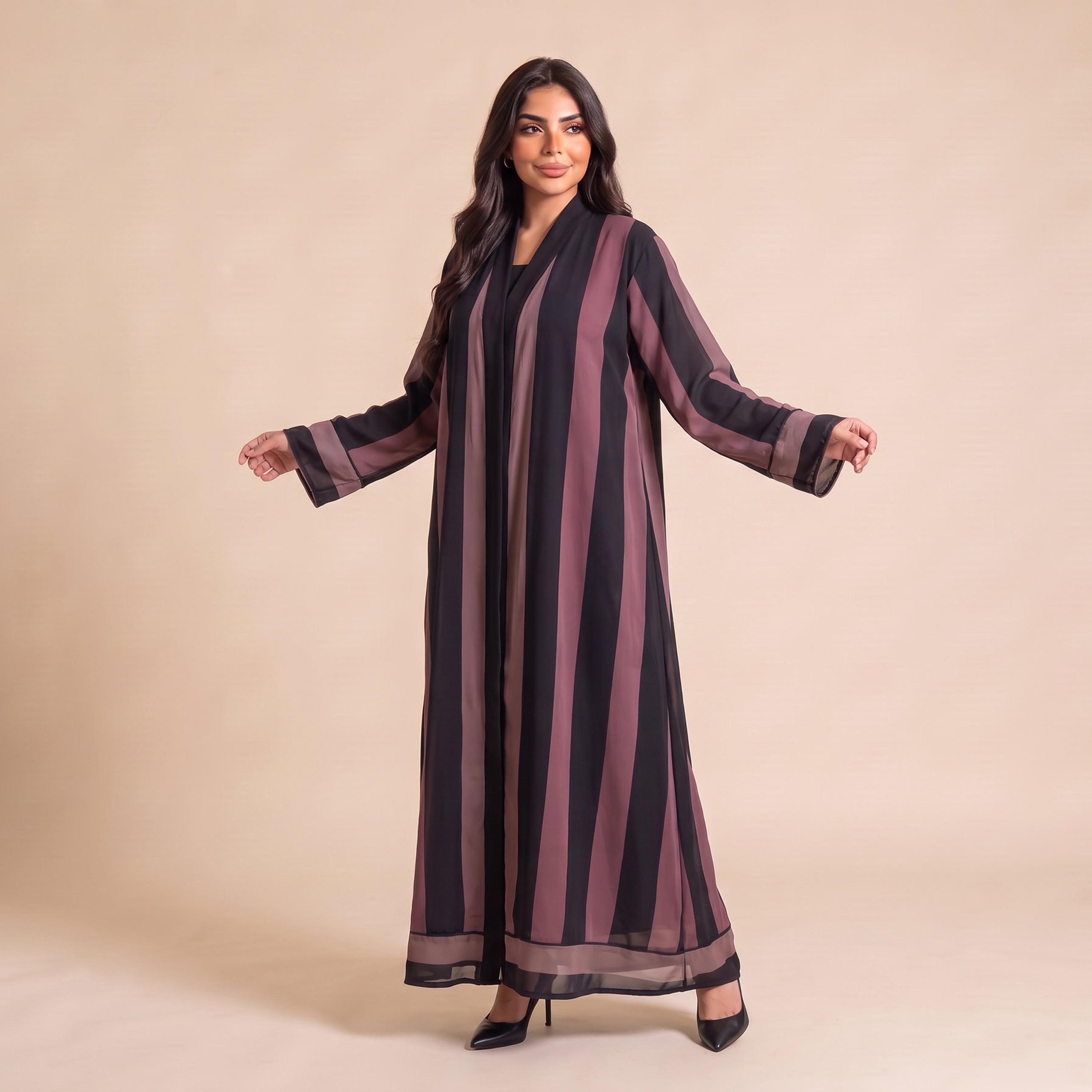 Elegant Hijab Blue Striped Crepe Women's Abaya with Hijab-women-arabicclothing-abayas-image-3
