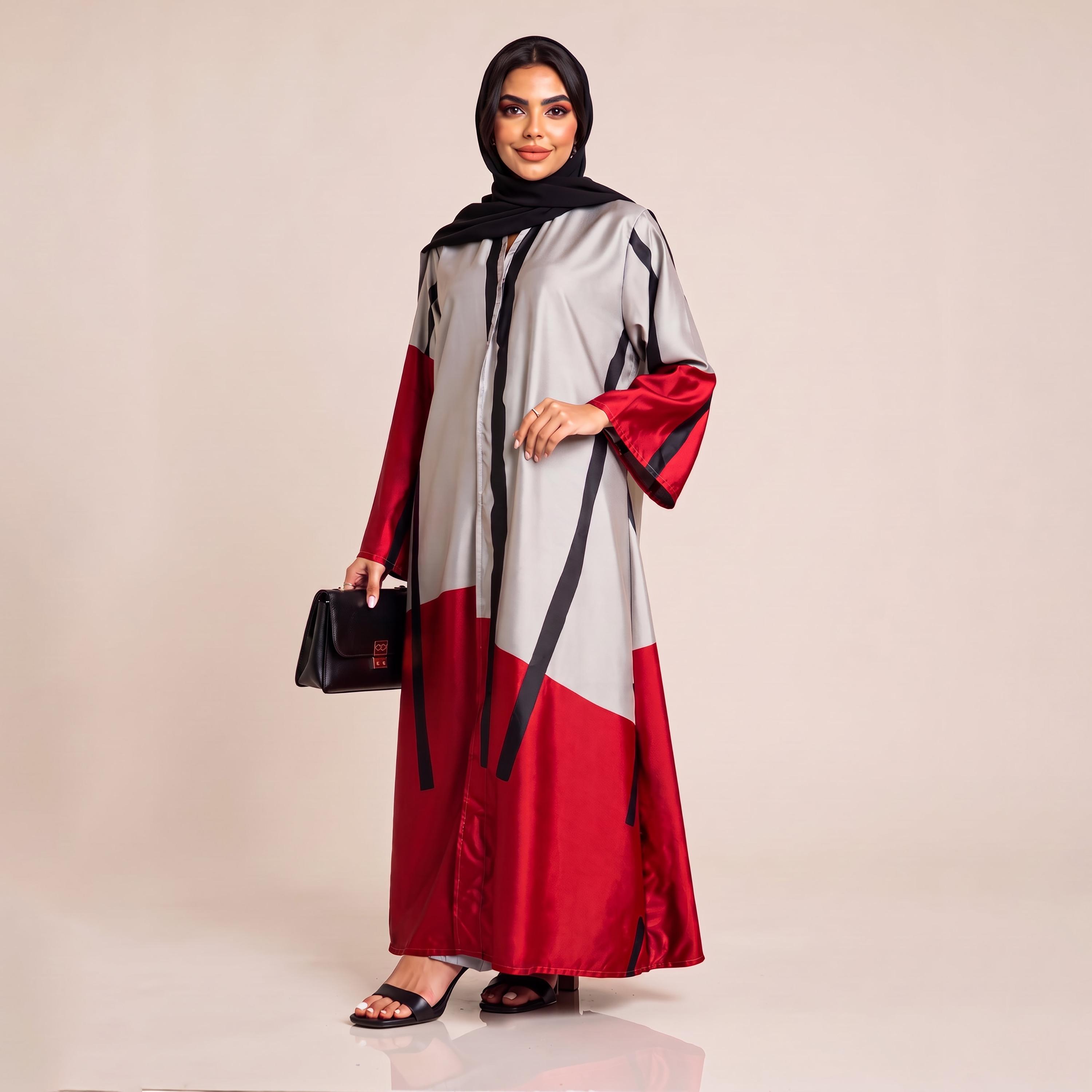 عباية نسائية من إيليغانت حجاب باللون الفضي والأحمر بتصميم كتل لونية من الكريب مع حجاب-women-arabicclothing-abayas-image-1