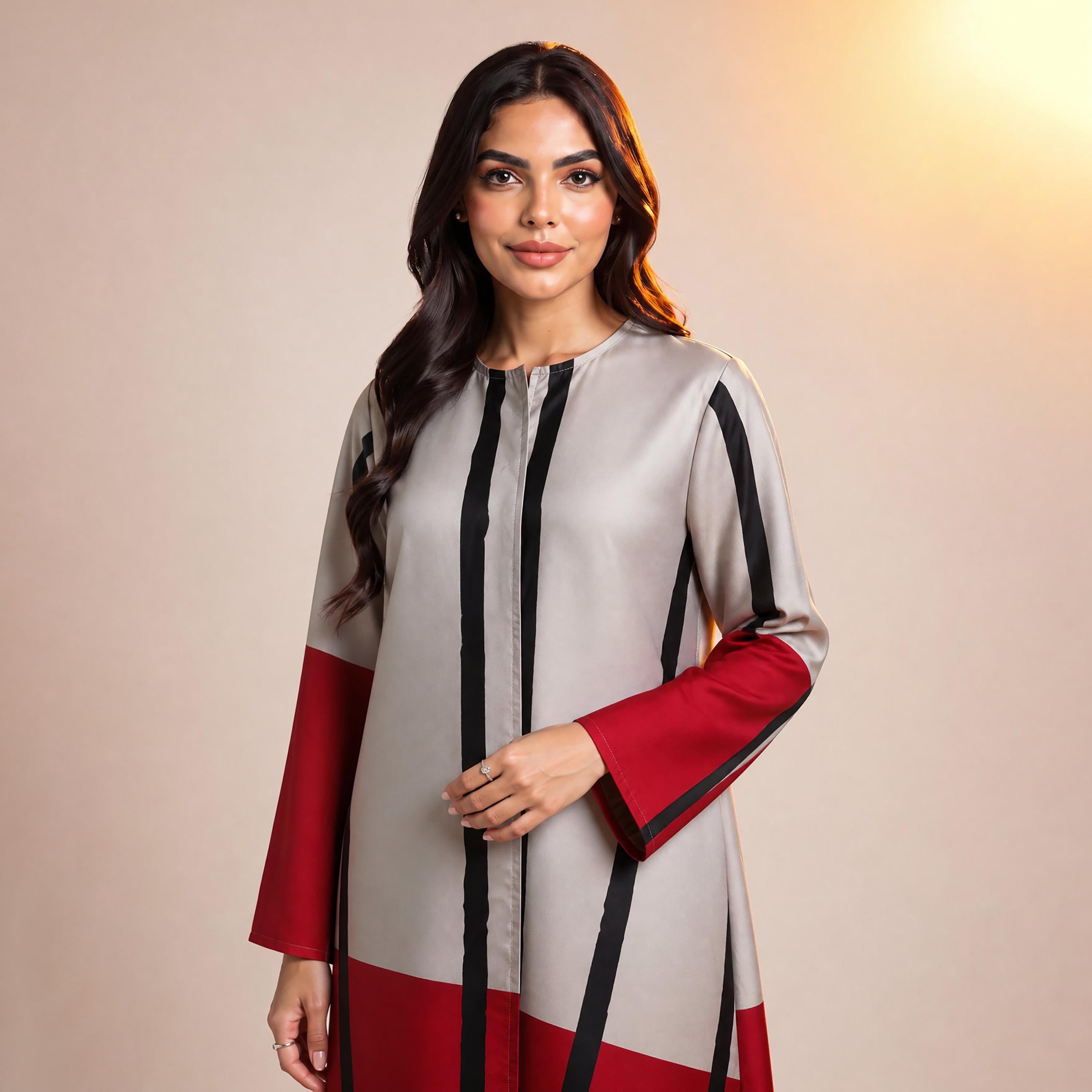 عباية نسائية من إيليغانت حجاب باللون الفضي والأحمر بتصميم كتل لونية من الكريب مع حجاب-women-arabicclothing-abayas-image-2