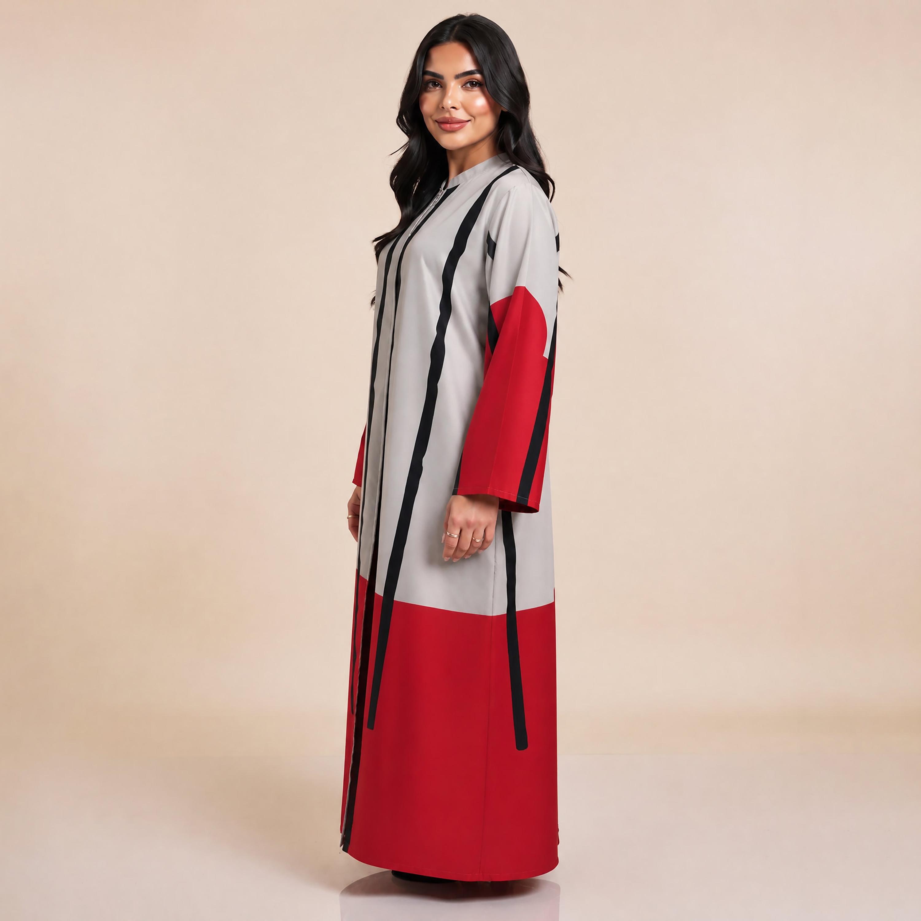 عباية نسائية من إيليغانت حجاب باللون الفضي والأحمر بتصميم كتل لونية من الكريب مع حجاب-women-arabicclothing-abayas-image-3