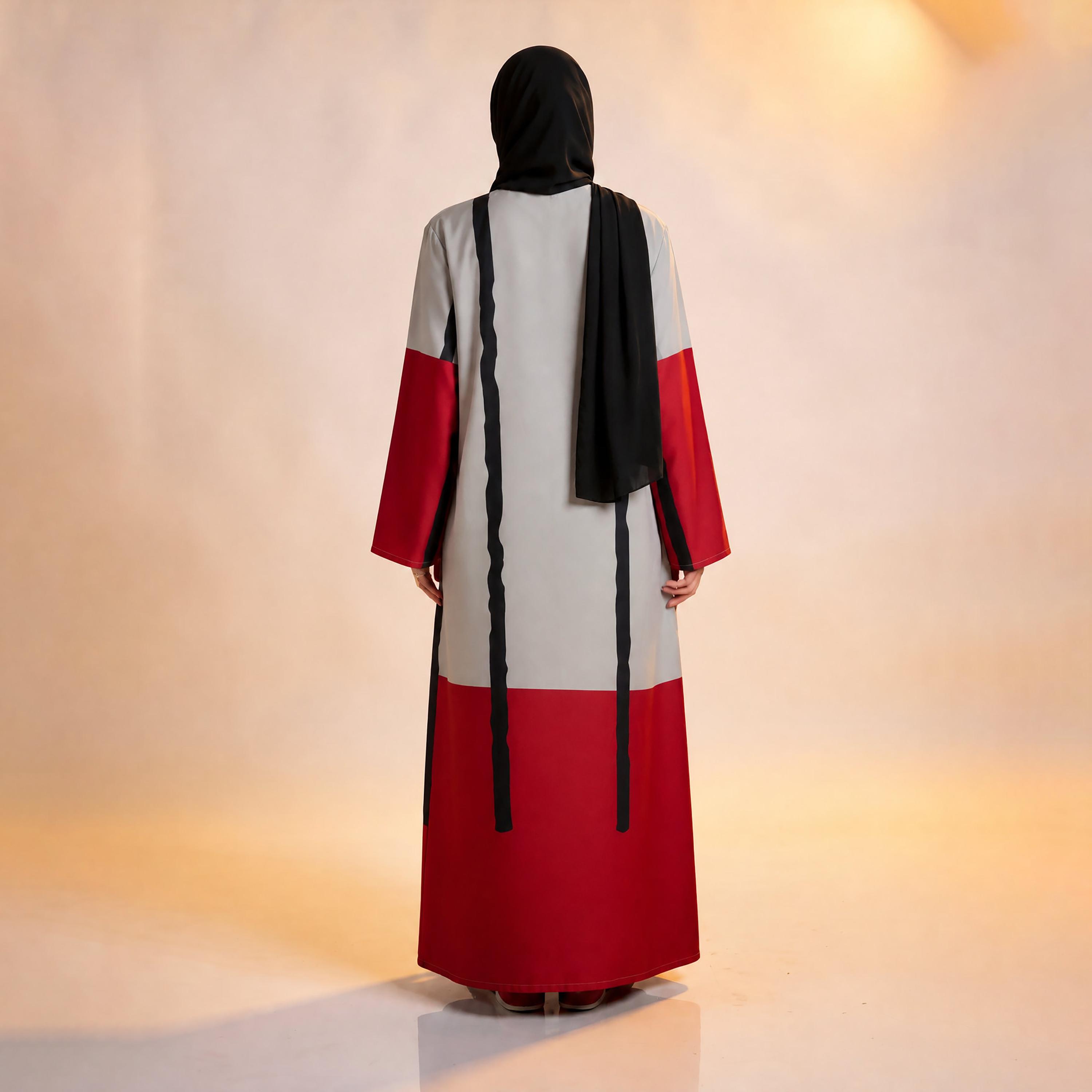 عباية نسائية من إيليغانت حجاب باللون الفضي والأحمر بتصميم كتل لونية من الكريب مع حجاب-women-arabicclothing-abayas-image-4