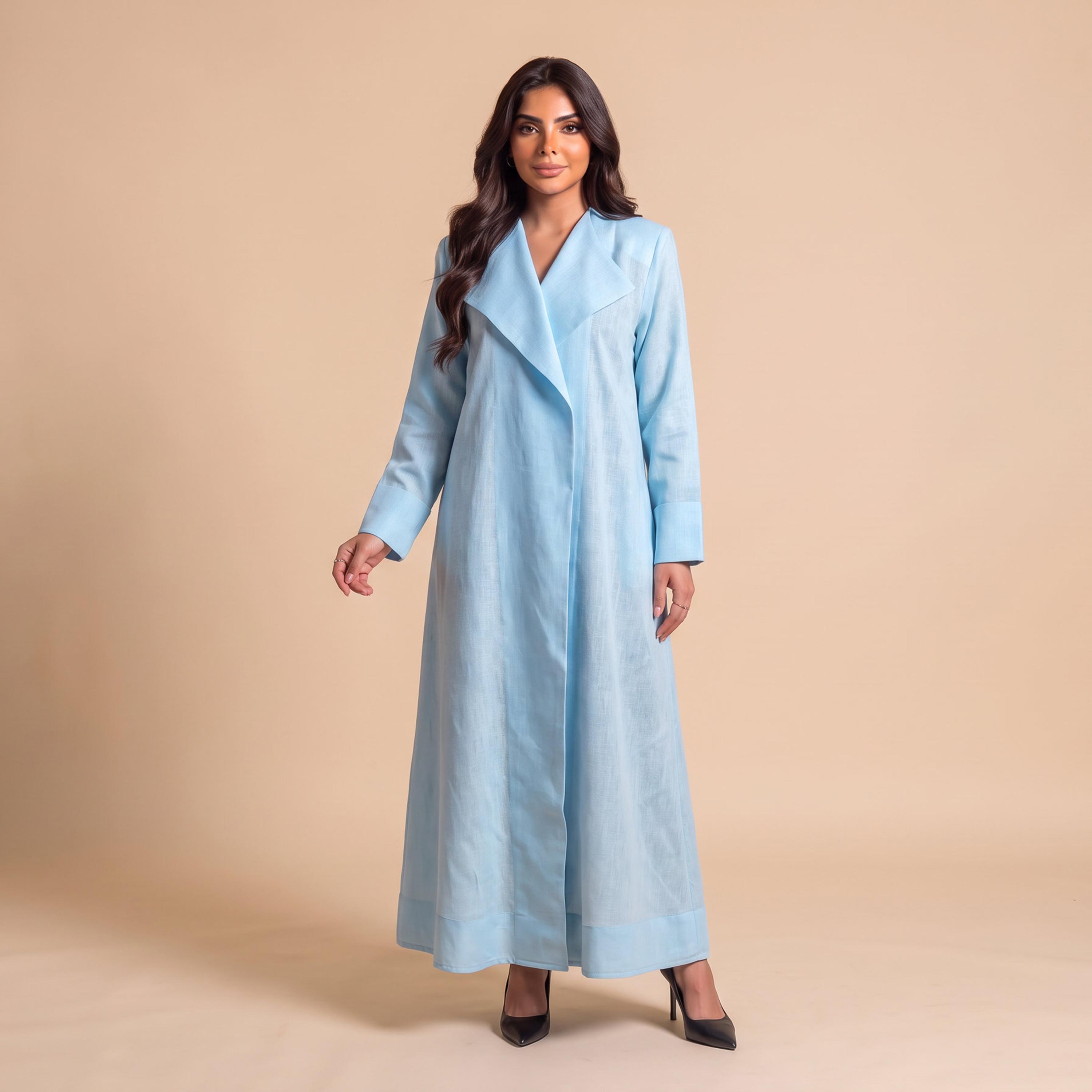 عباية نسائية من إيليغانت حجاب باللون الأزرق السماوي بياقة شال من الكتان مع حجاب-women-arabicclothing-abayas-image-1