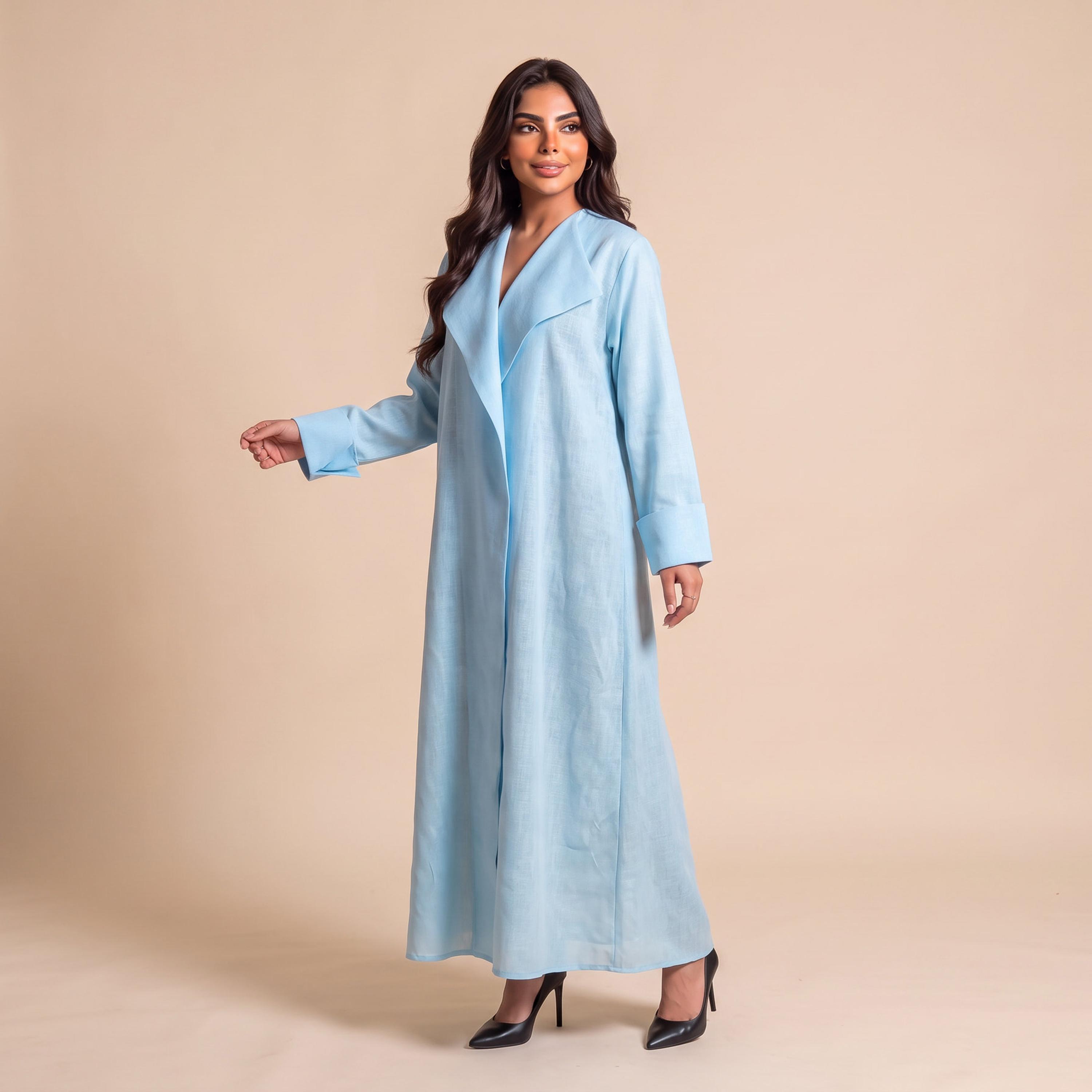 عباية نسائية من إيليغانت حجاب باللون الأزرق السماوي بياقة شال من الكتان مع حجاب-women-arabicclothing-abayas-image-3