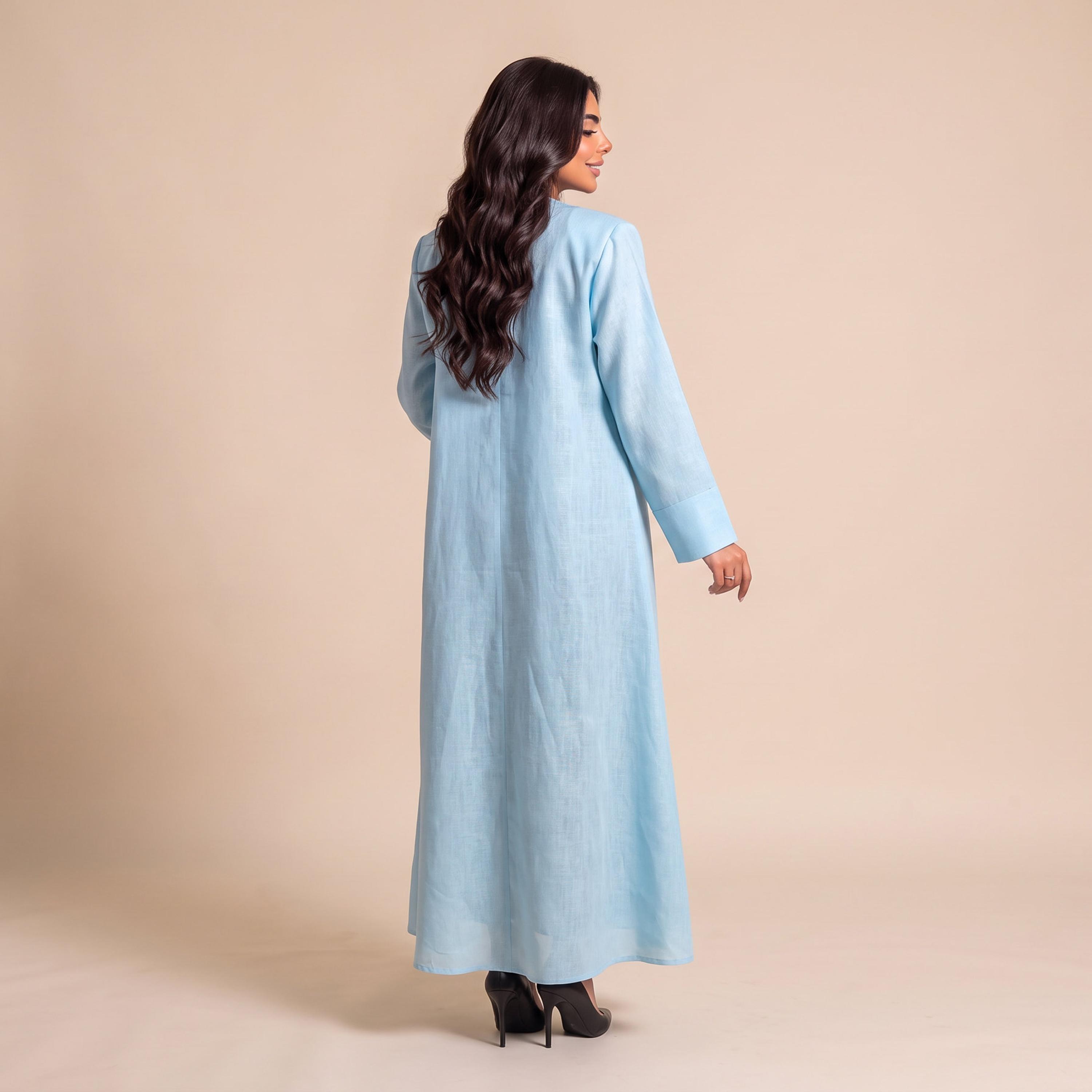 عباية نسائية من إيليغانت حجاب باللون الأزرق السماوي بياقة شال من الكتان مع حجاب-women-arabicclothing-abayas-image-4
