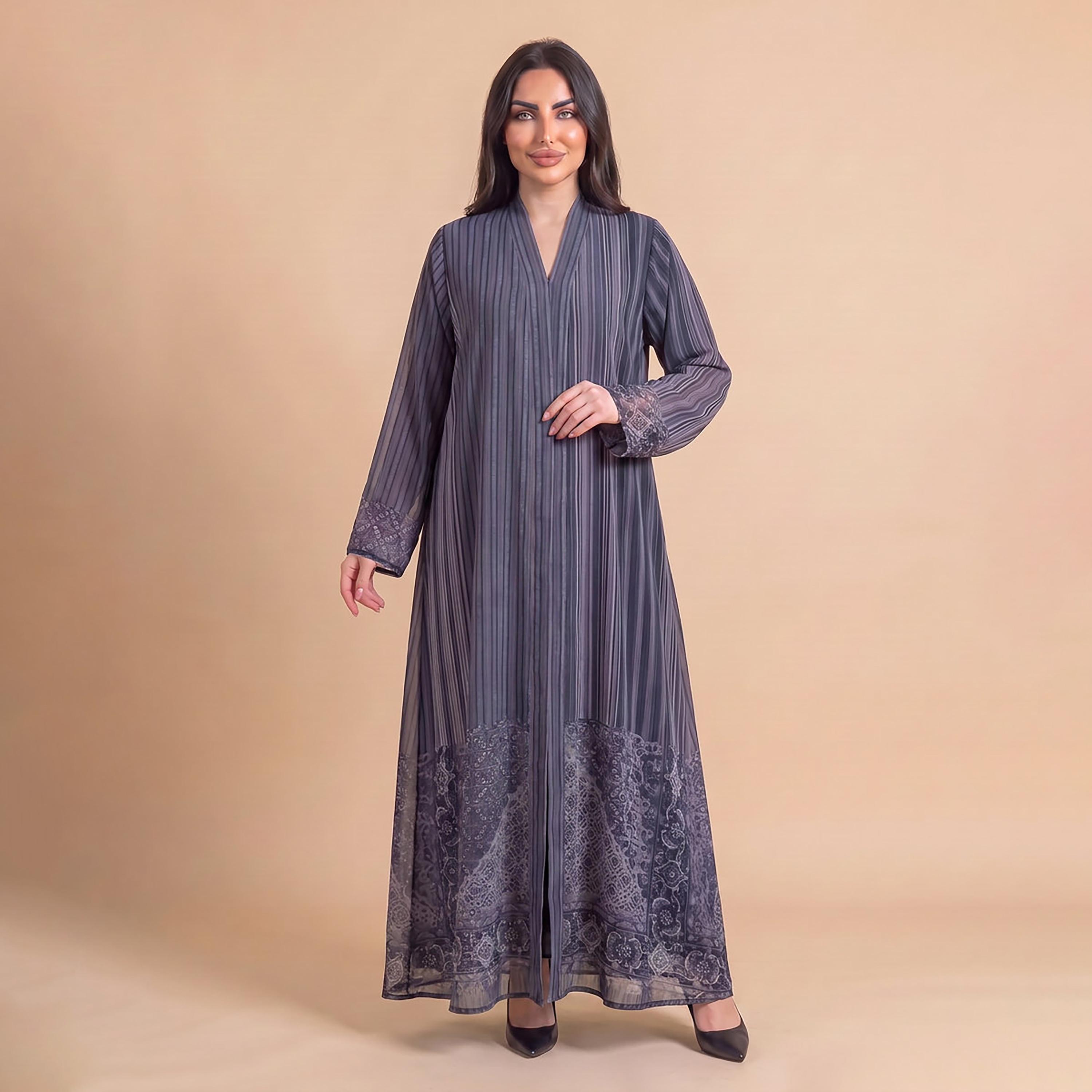 Elegant Hijab Grey Striped Chiffon Women's Abaya with Hijab-women-arabicclothing-abayas-image-1