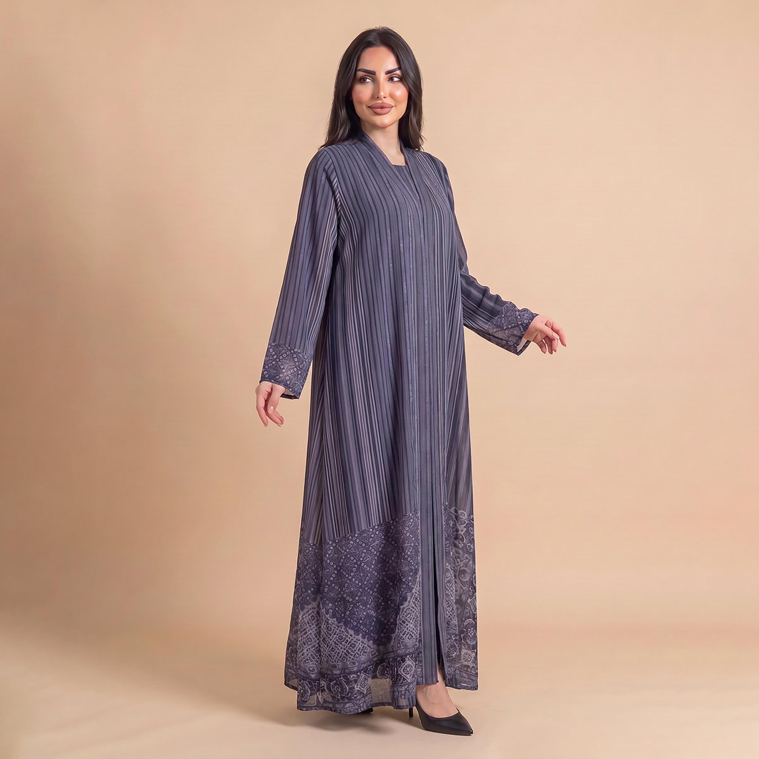 Elegant Hijab Grey Striped Chiffon Women's Abaya with Hijab-women-arabicclothing-abayas-image-2